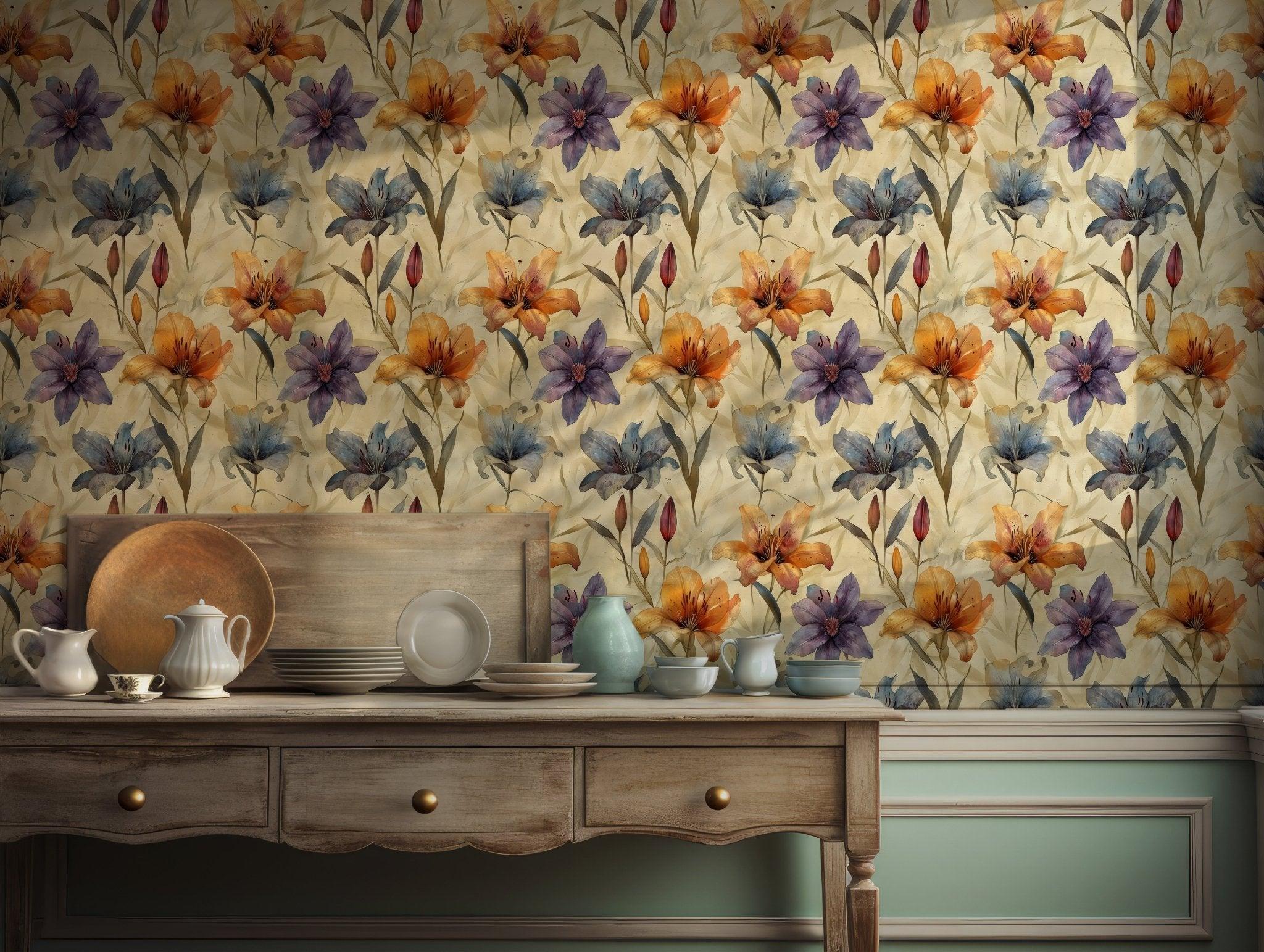 Purple and Orange Lily Wallpaper - Vintage Floral Watercolor Elegant Temporary Decal - Removable Peel and Stick Self Adhesive BV100