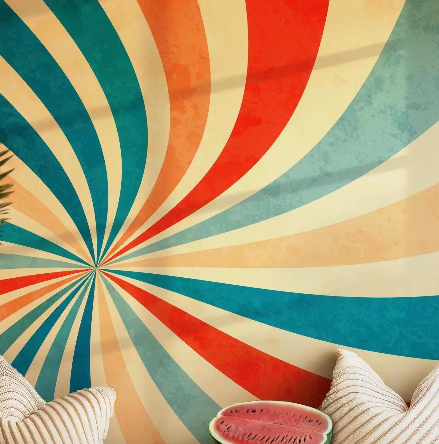 Rainbow Retro Wallpaper - Self Adhesive Peel and Stick Wall Mural - Starburst Sunburst Spiral Swirled Radial BV211