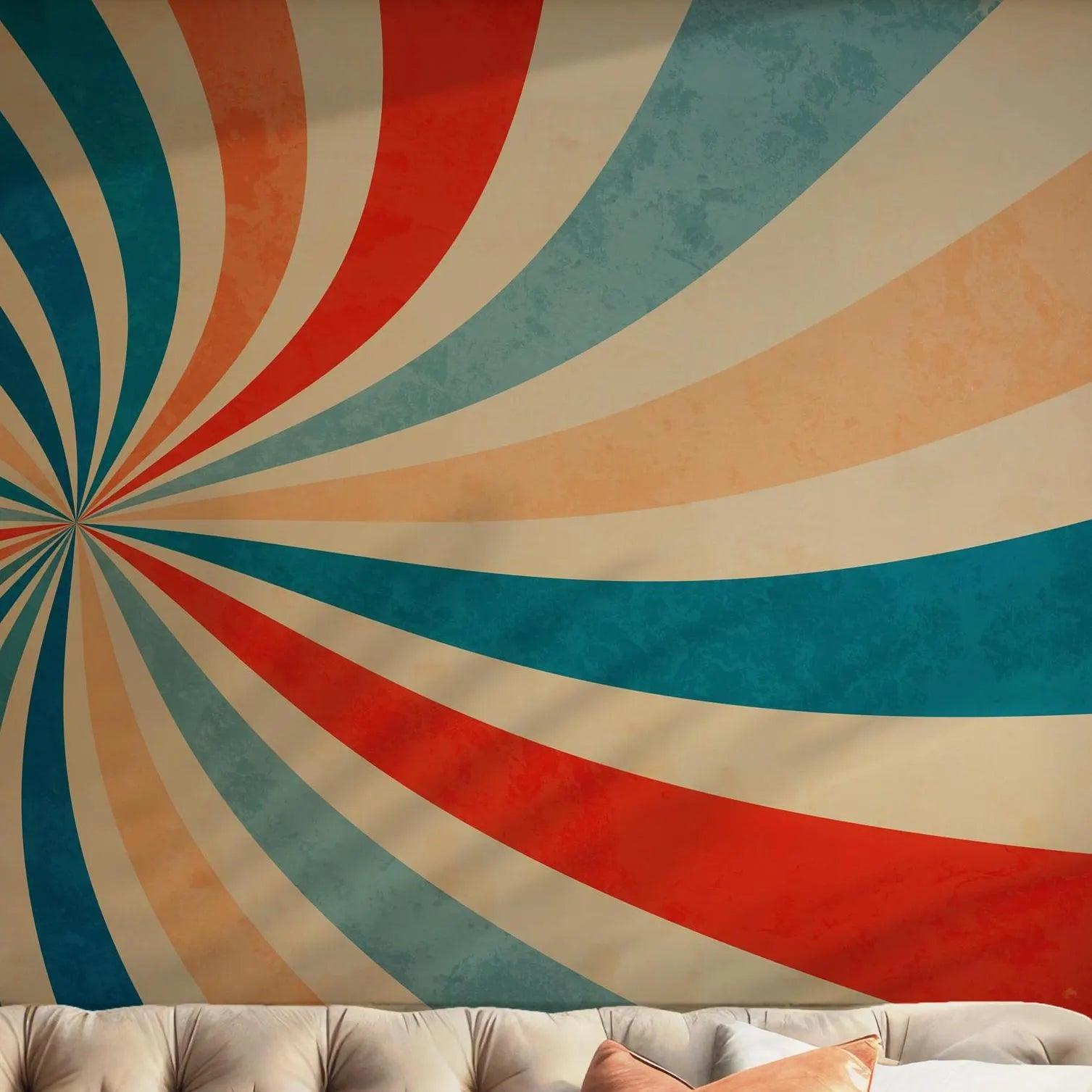 Rainbow Retro Wallpaper - Self Adhesive Peel and Stick Wall Mural - Starburst Sunburst Spiral Swirled Radial BV211