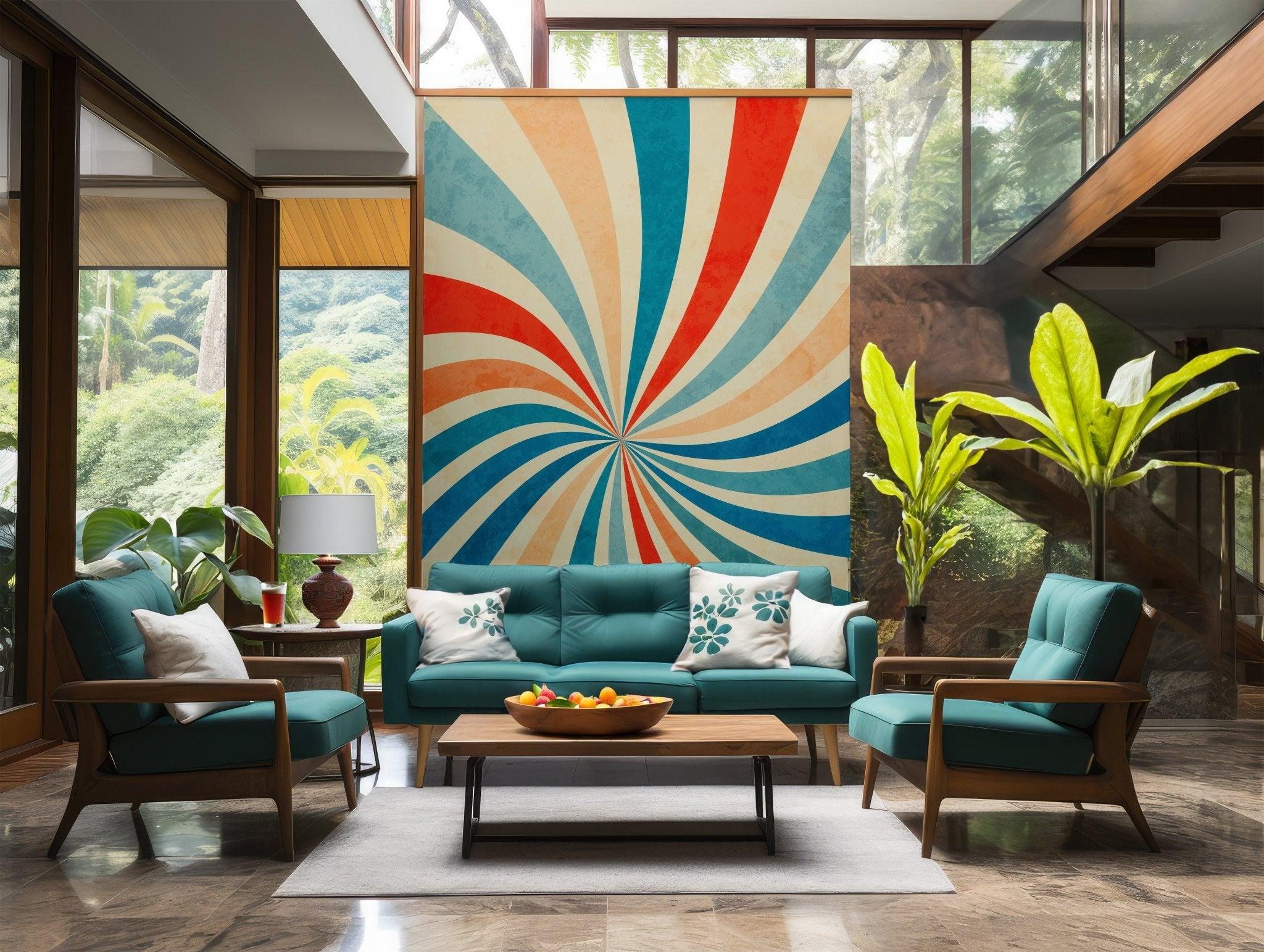 Rainbow Retro Wallpaper - Self Adhesive Peel and Stick Wall Mural - Starburst Sunburst Spiral Swirled Radial BV211