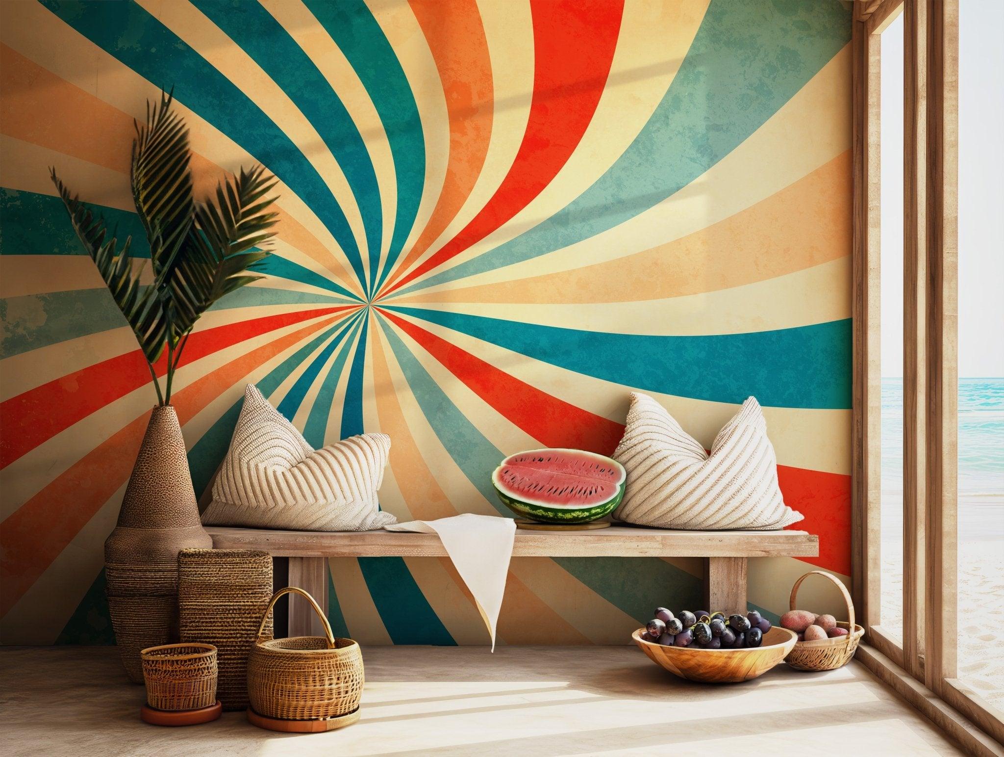 Rainbow Retro Wallpaper - Self Adhesive Peel and Stick Wall Mural - Starburst Sunburst Spiral Swirled Radial BV211