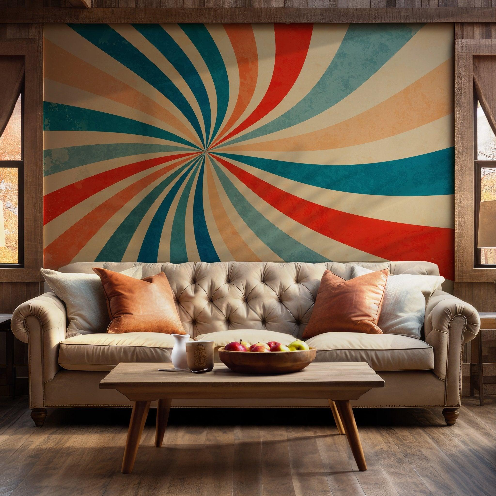 Rainbow Retro Wallpaper - Self Adhesive Peel and Stick Wall Mural - Starburst Sunburst Spiral Swirled Radial BV211