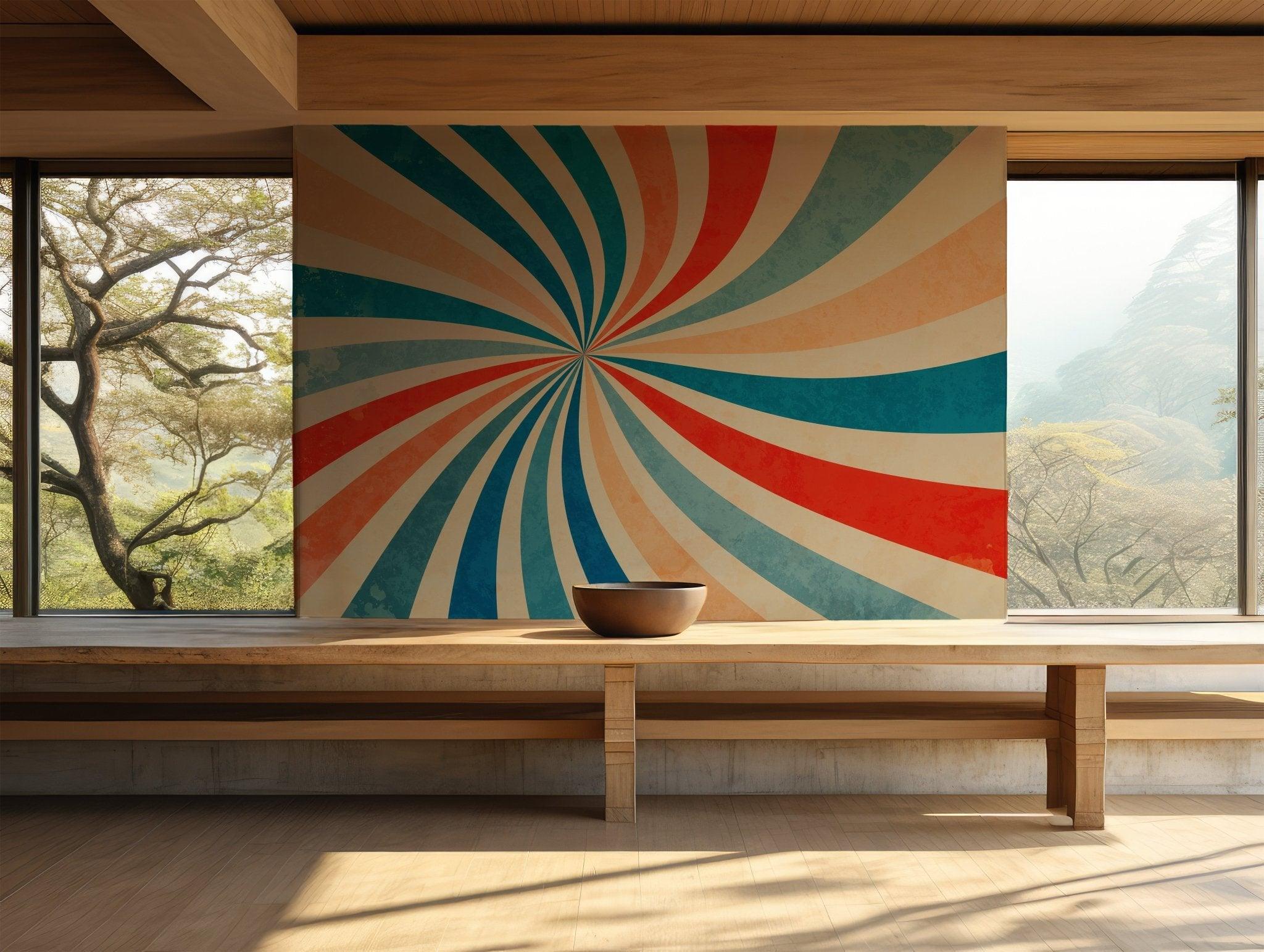 Rainbow Retro Wallpaper - Self Adhesive Peel and Stick Wall Mural - Starburst Sunburst Spiral Swirled Radial BV211