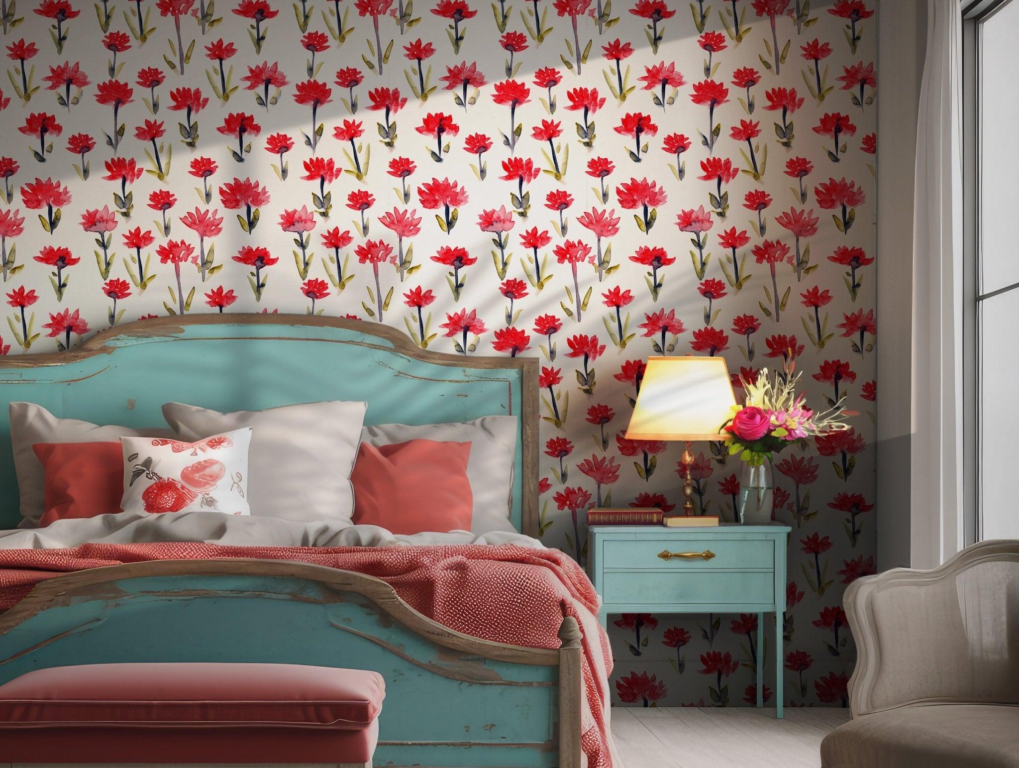 Red Flowers Wallpaper - Peel and Stick Self Adhesive - Green Leaves Branches Modern Nature BV174