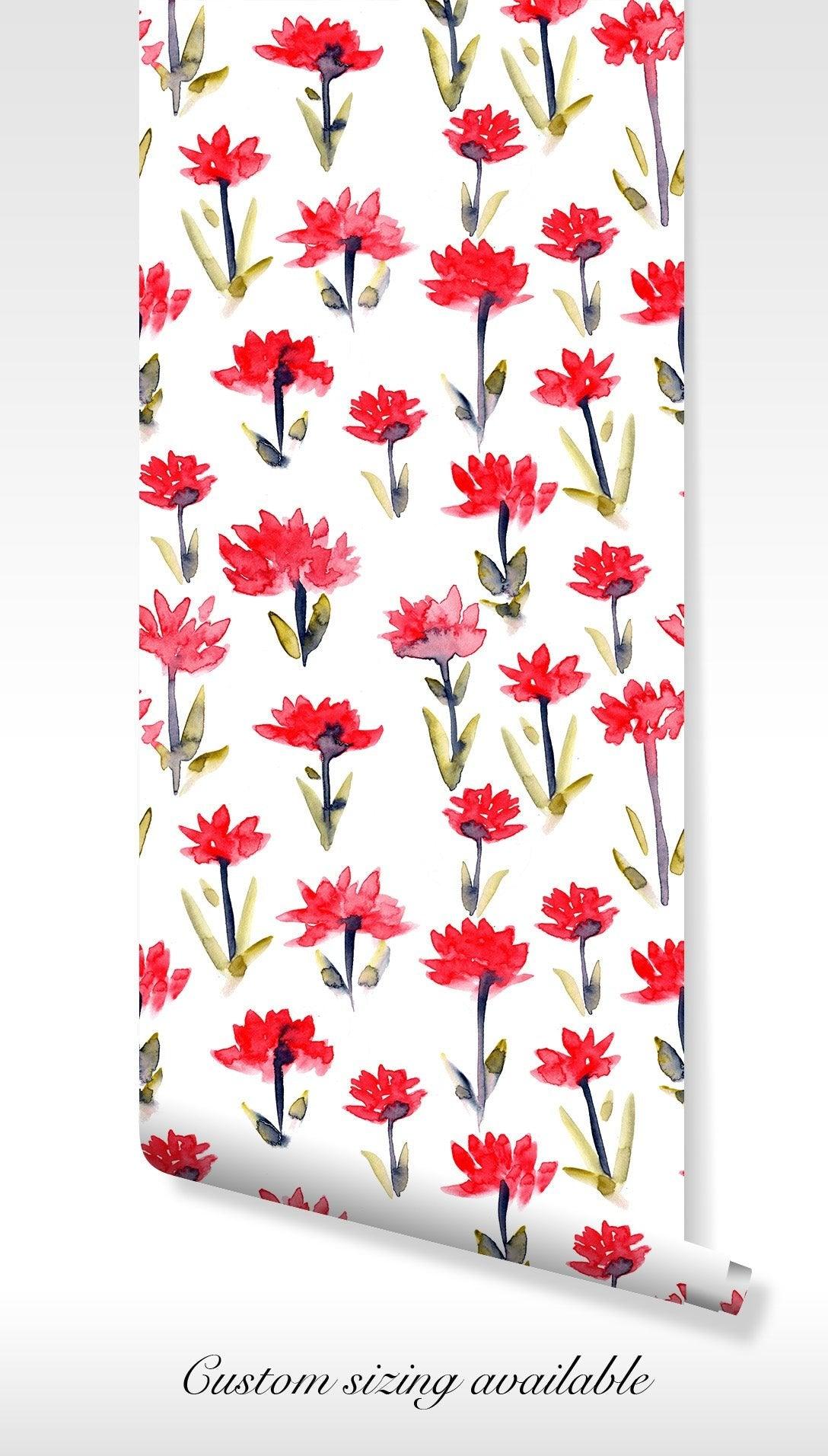 Red Flowers Wallpaper - Peel and Stick Self Adhesive - Green Leaves Branches Modern Nature BV174