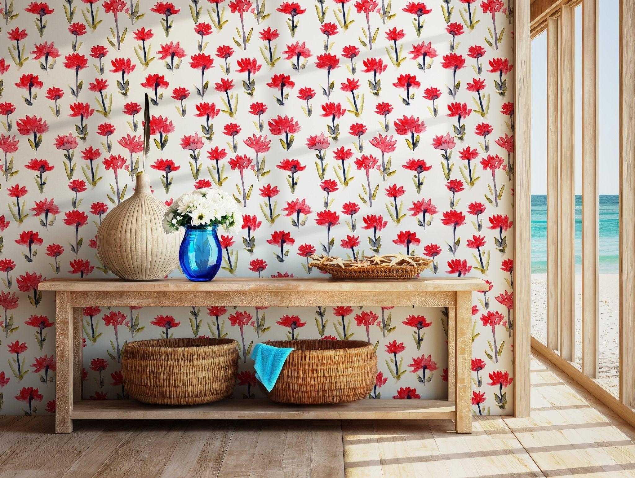 Red Flowers Wallpaper - Peel and Stick Self Adhesive - Green Leaves Branches Modern Nature BV174