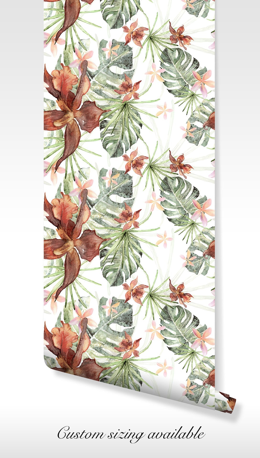 Orchids Tropical Leaf Wallpaper - Peel and Stick - Red Green Brown Watercolor Floral Monstera BV291