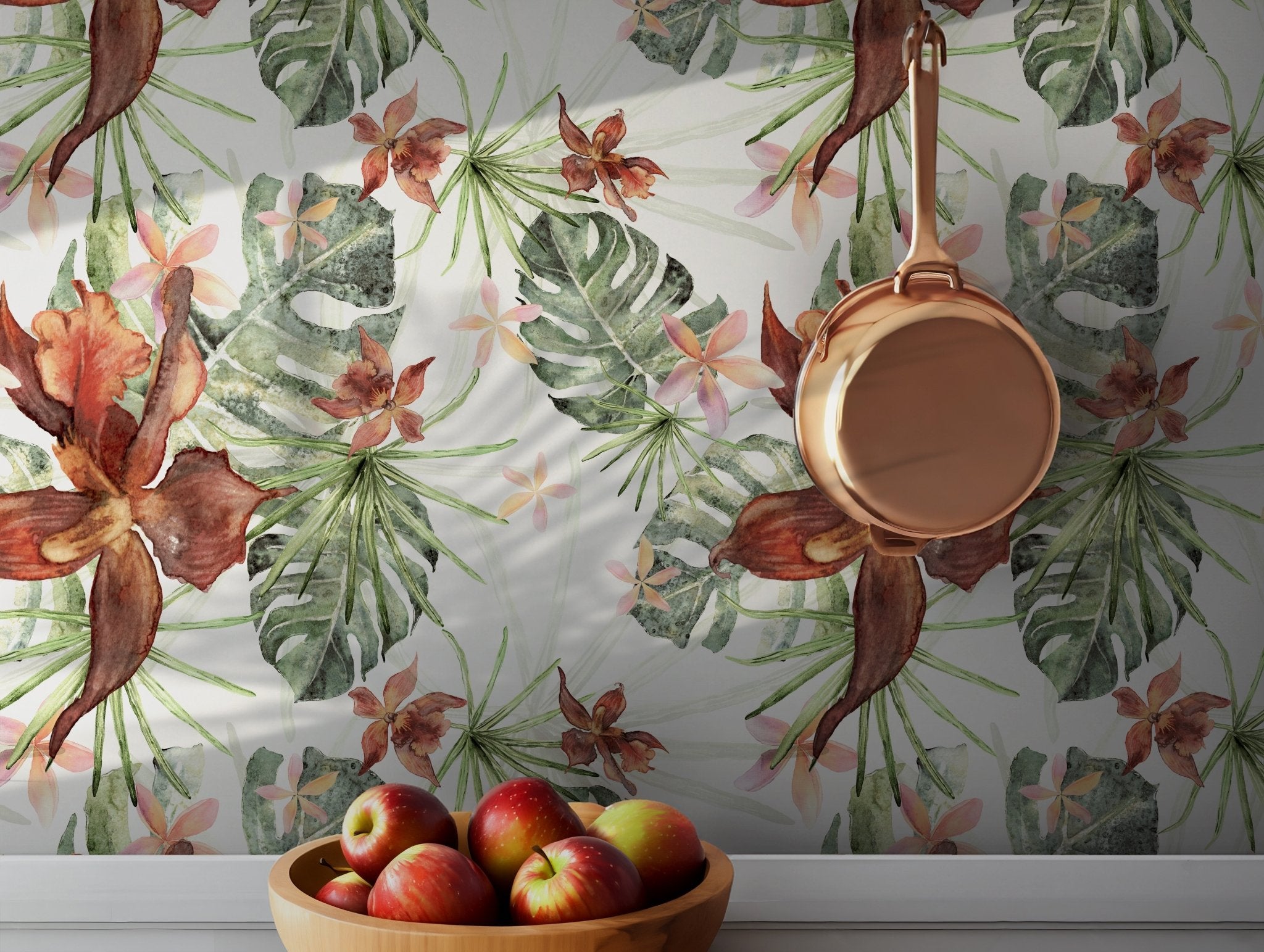 Red Green Brown Orchids Tropical Self Adhesive Peel and Stick Wallpaper Watercolor Floral Monstera BV291