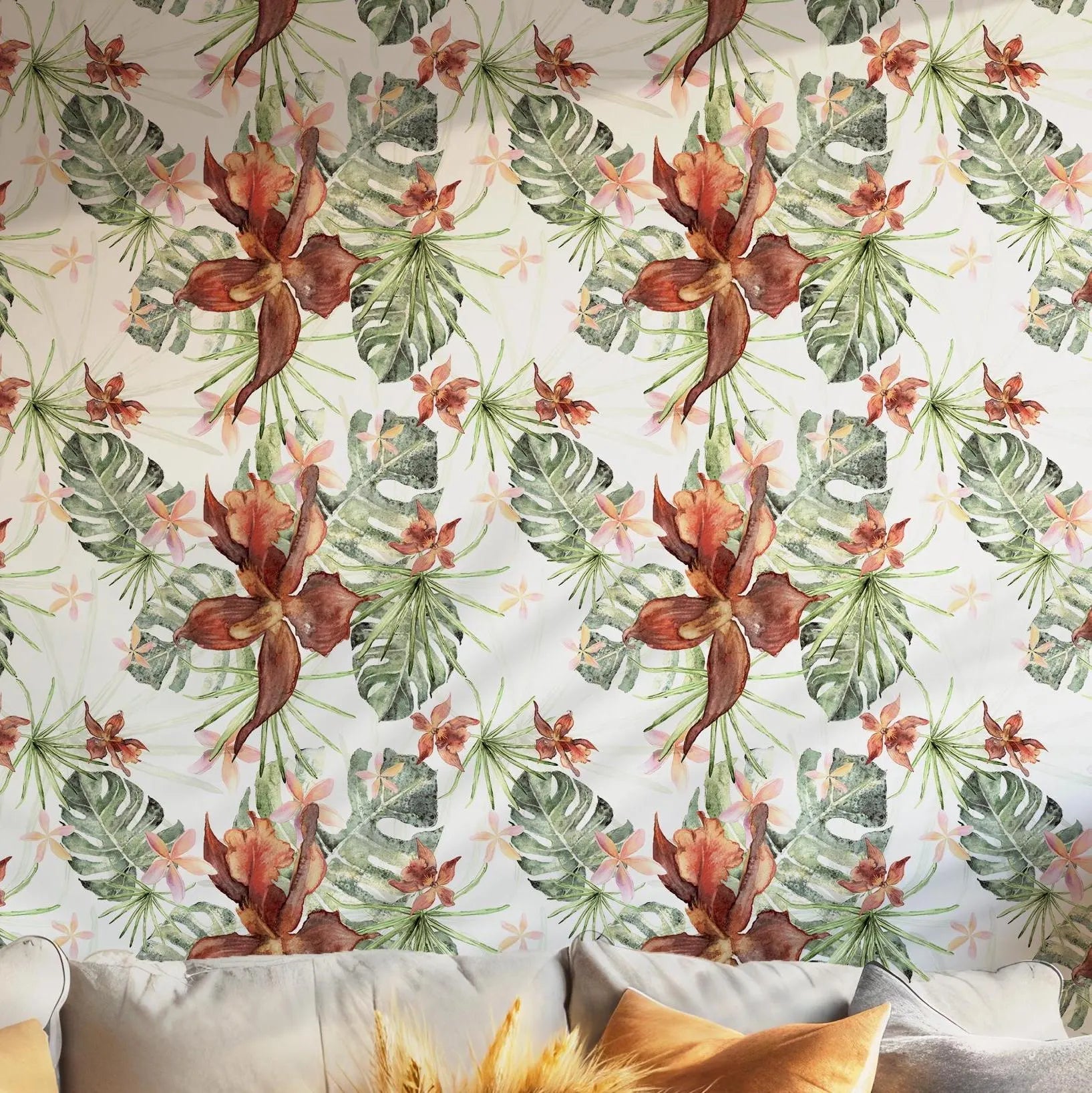 Orchids Tropical Leaf Wallpaper - Peel and Stick - Red Green Brown Watercolor Floral Monstera BV291