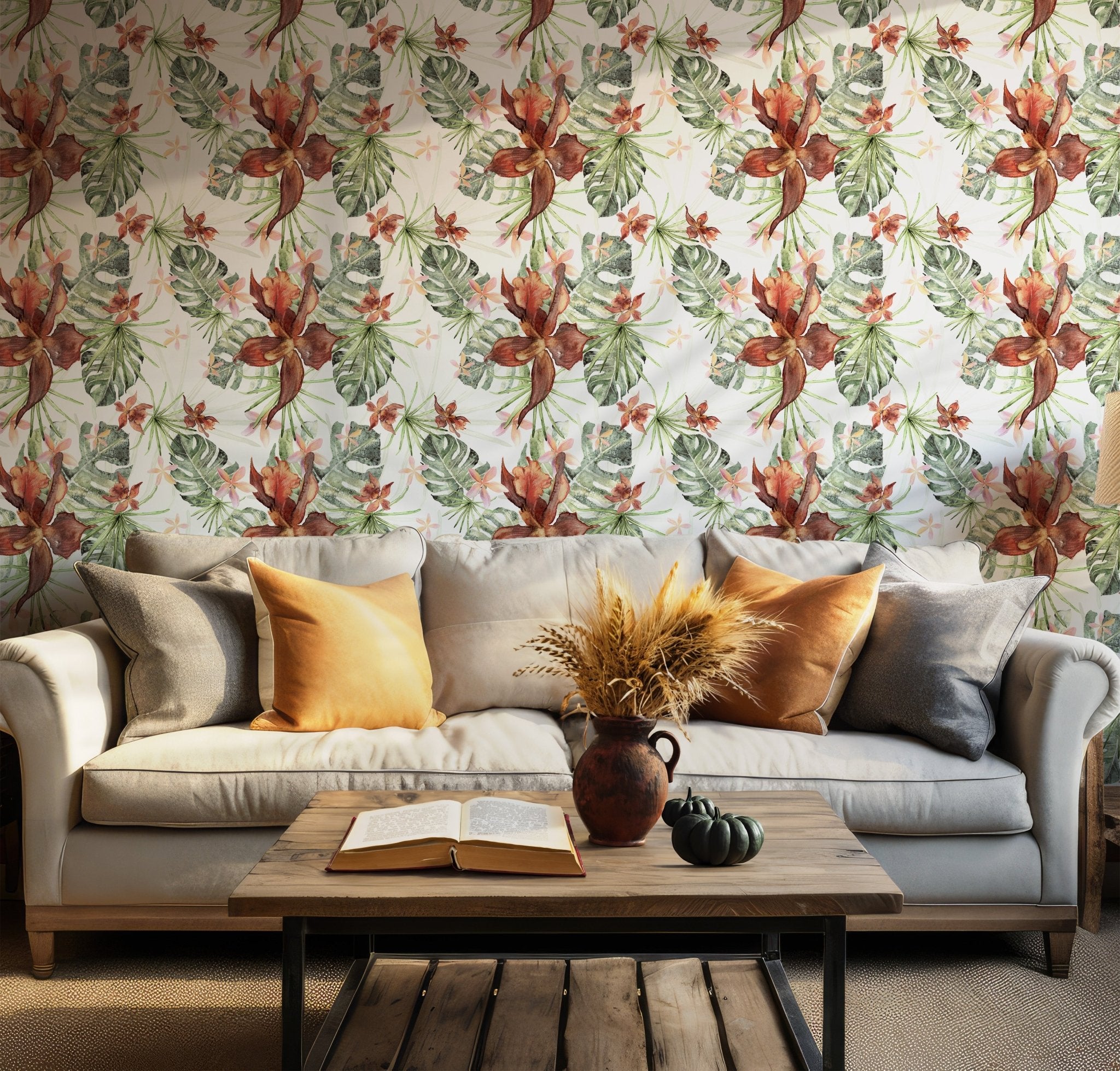 Orchids Tropical Leaf Wallpaper - Peel and Stick - Red Green Brown Watercolor Floral Monstera BV291