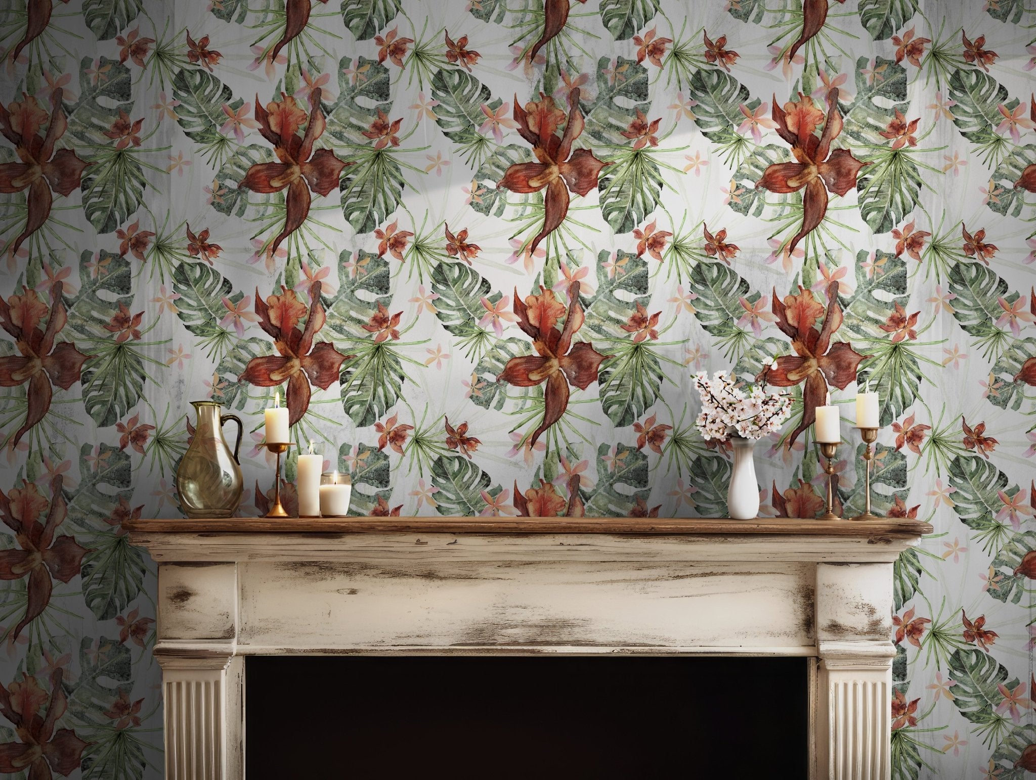 Red Green Brown Orchids Tropical Self Adhesive Peel and Stick Wallpaper Watercolor Floral Monstera BV291