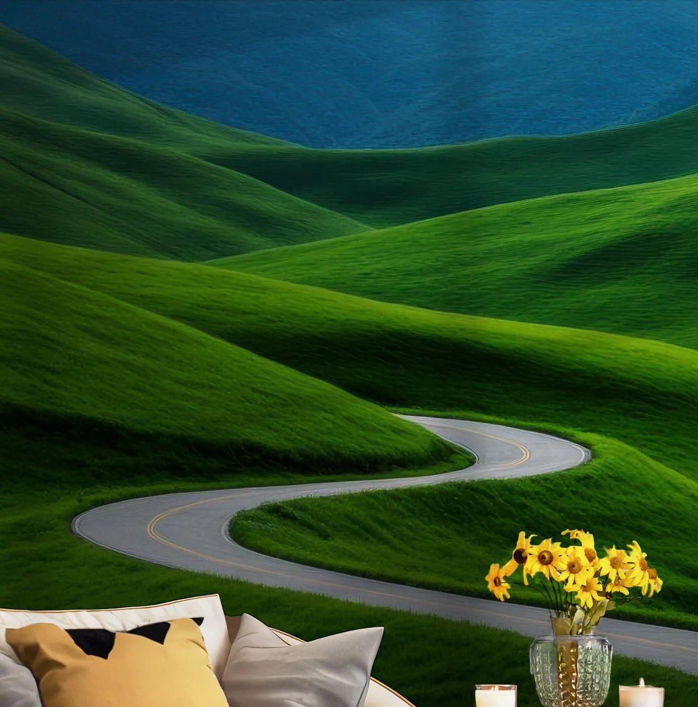 Relaxing Eye Trick Wall Mural Photo Art - Green Landscape Road Expressway - Peel and Stick Wallpaper BV208