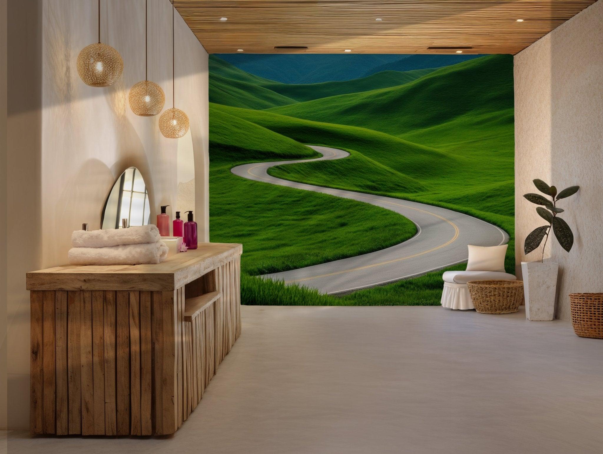 Relaxing Eye Trick Wall Mural Photo Art - Green Landscape Road Expressway - Peel and Stick Wallpaper BV208