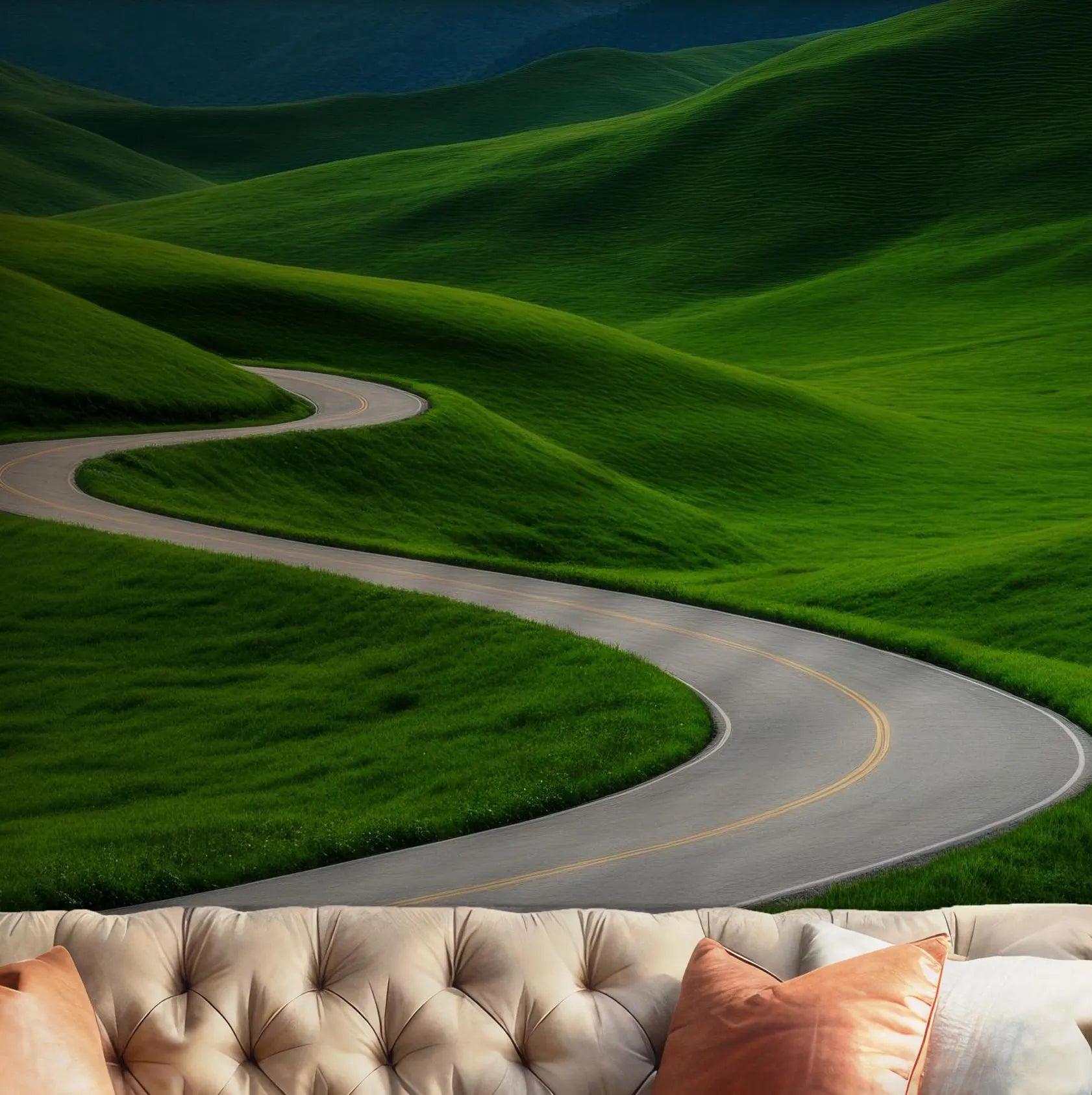 Relaxing Eye Trick Wall Mural Photo Art - Green Landscape Road Expressway - Peel and Stick Wallpaper BV208
