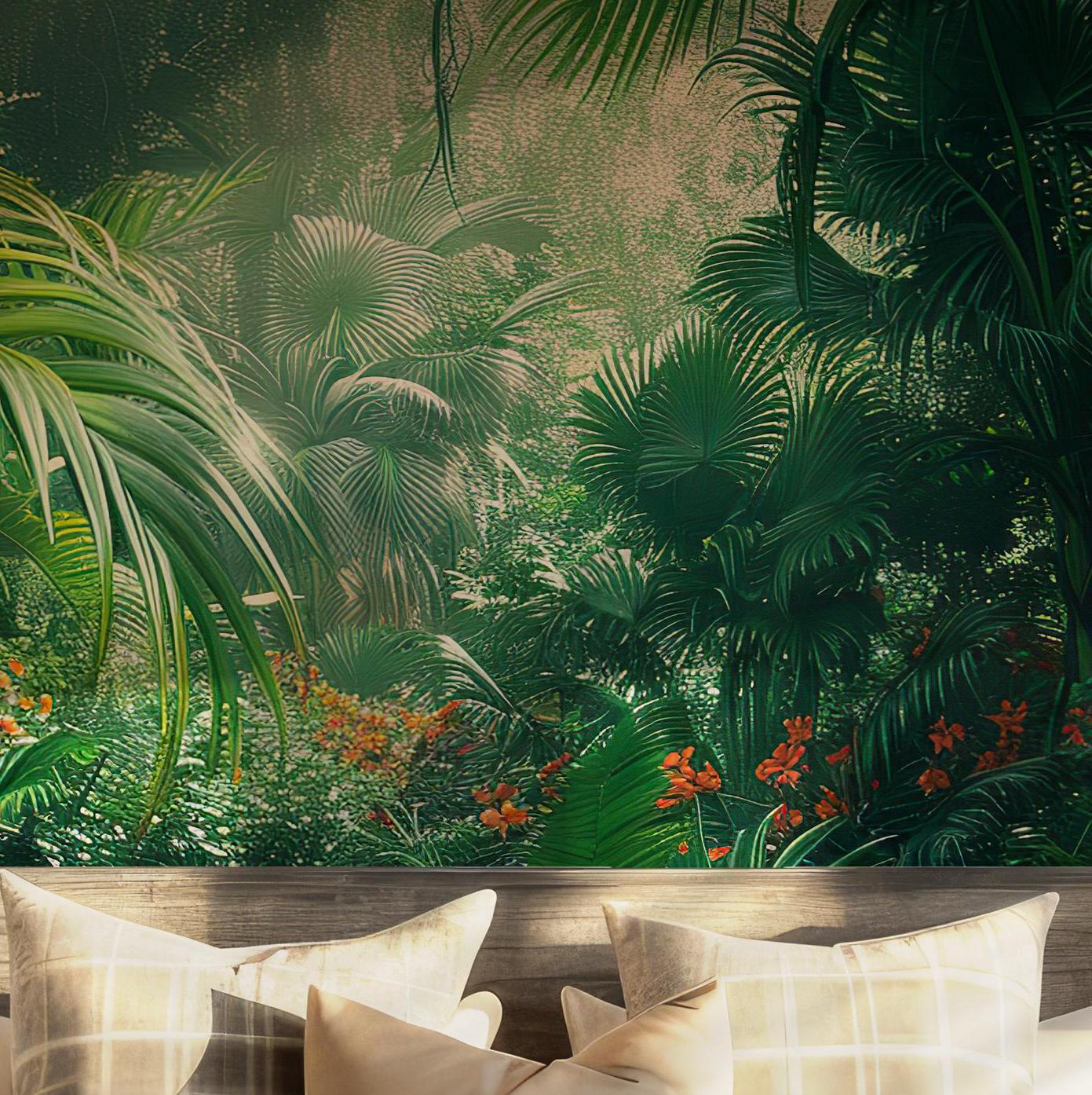 Tropical Jungle Wall Mural - Self Adhesive Peel and Stick Wallpaper -  Emerald Leaves Green Botanical Forest BV195