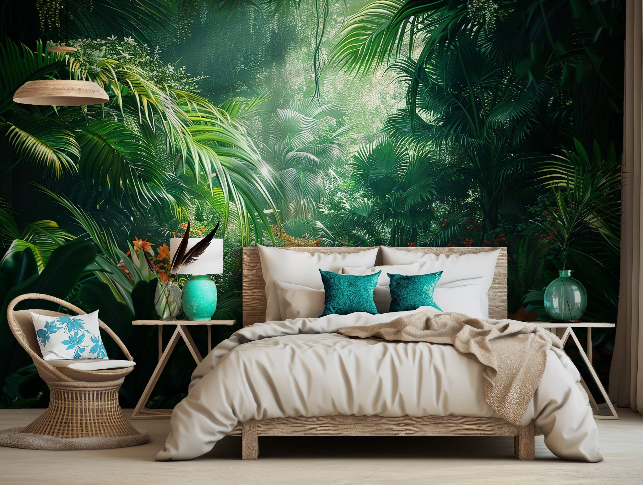 Tropical Jungle Wall Mural - Self Adhesive Peel and Stick Wallpaper -  Emerald Leaves Green Botanical Forest BV195