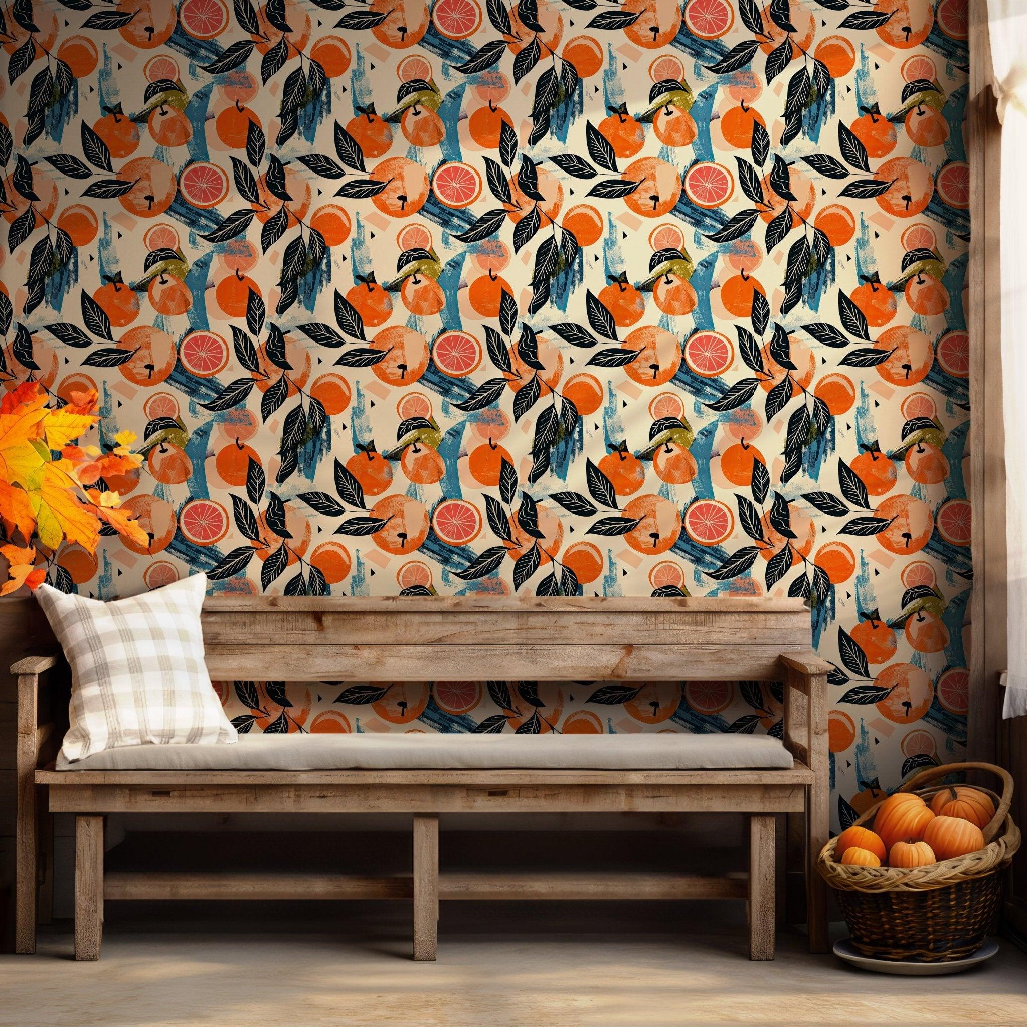 Retro Citrus Oranges Wallpaper - Peel and Stick - Fruit Kitchen and Dining BV120