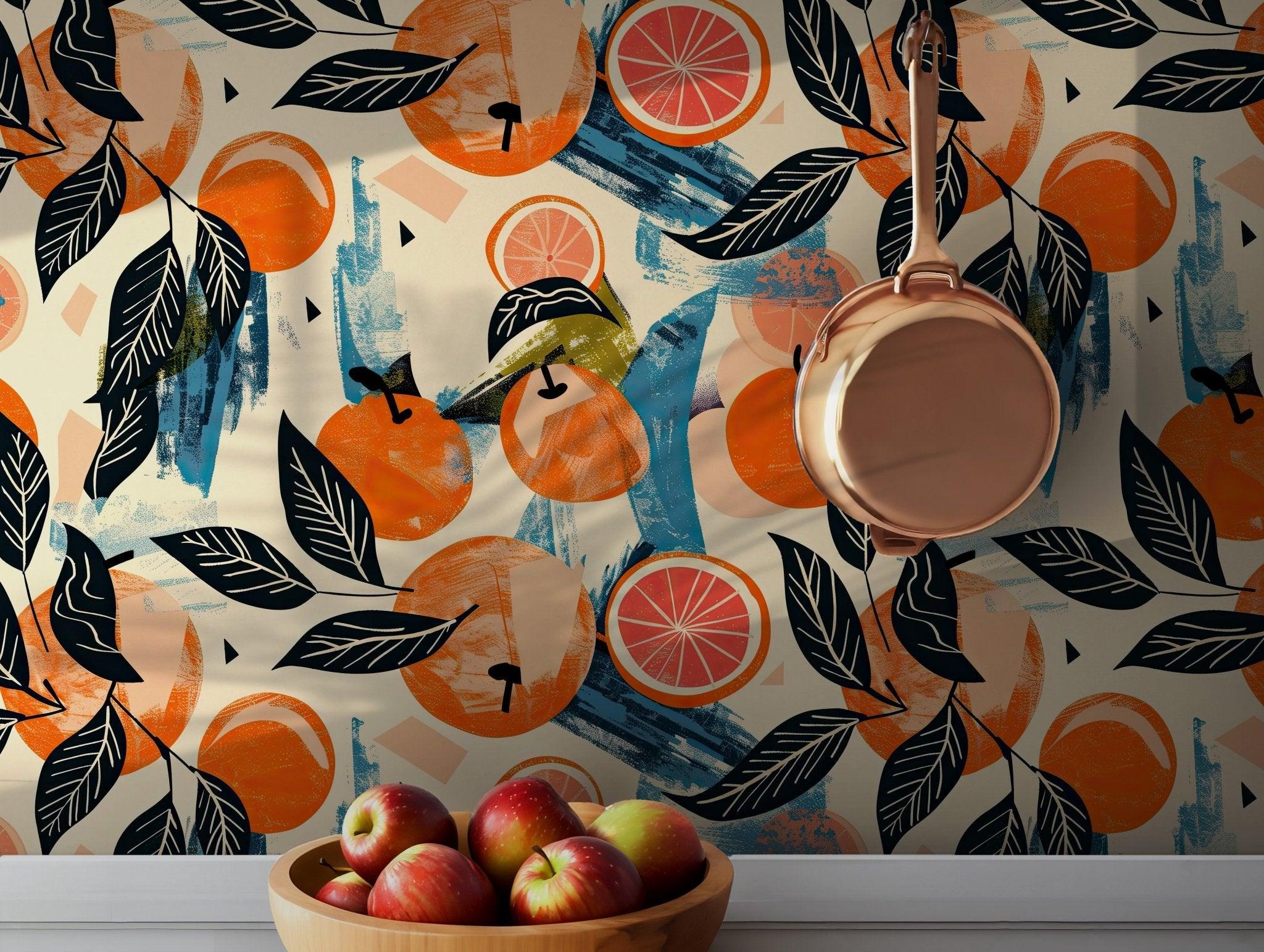 Retro Citrus Oranges Wallpaper - Peel and Stick - Fruit Kitchen and Dining BV120