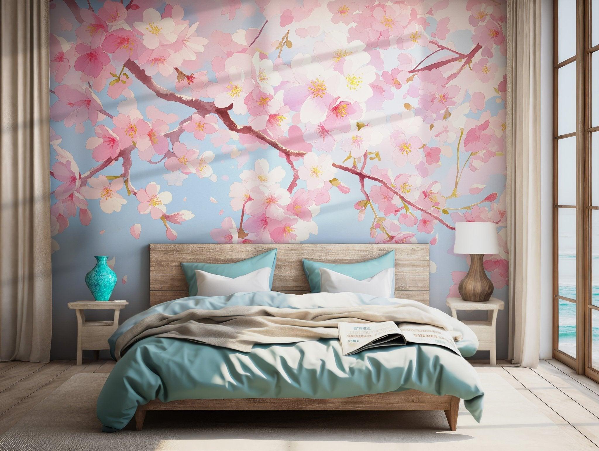 Soft pink sakura flowers on light blue background featured in peel-and-stick temporary wallpaper, perfect for rental-friendly updates.