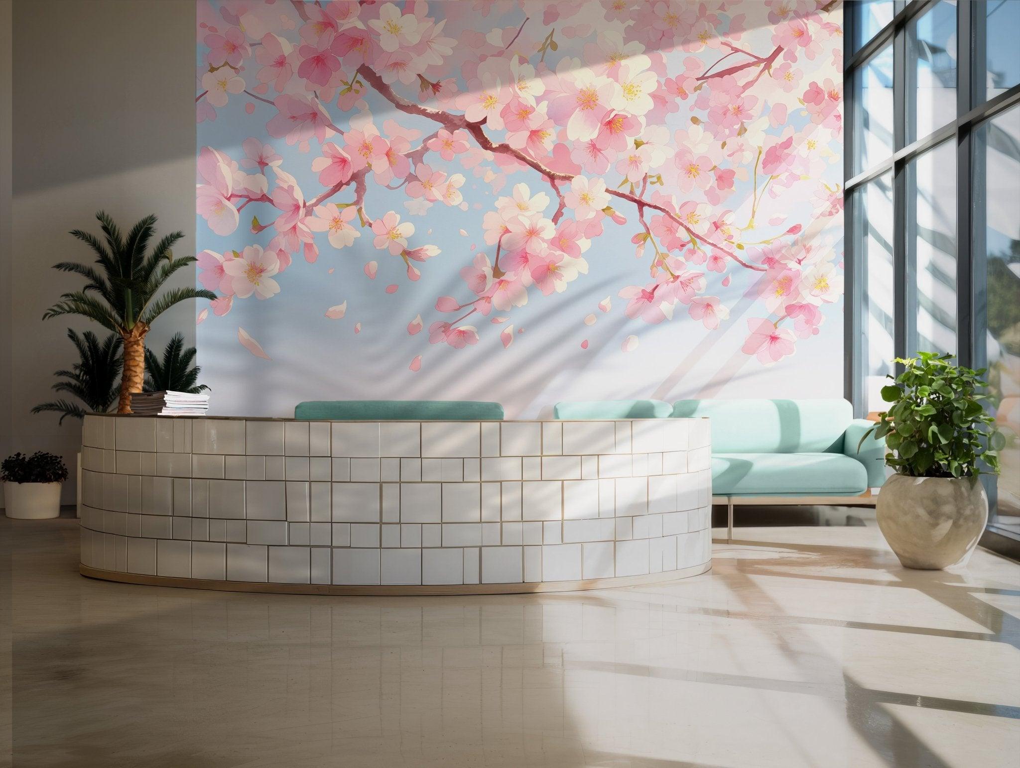 Cherry blossom mural in pastel pink and blue tones printed on removable wallpaper ideal for bedrooms, nurseries, and peaceful spaces.