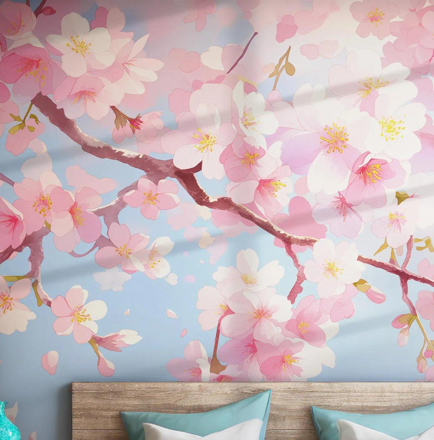 Sakura Blossom Watercolor Wall Mural - Pink White Botanical Cherry Buds Wallpaper BV124