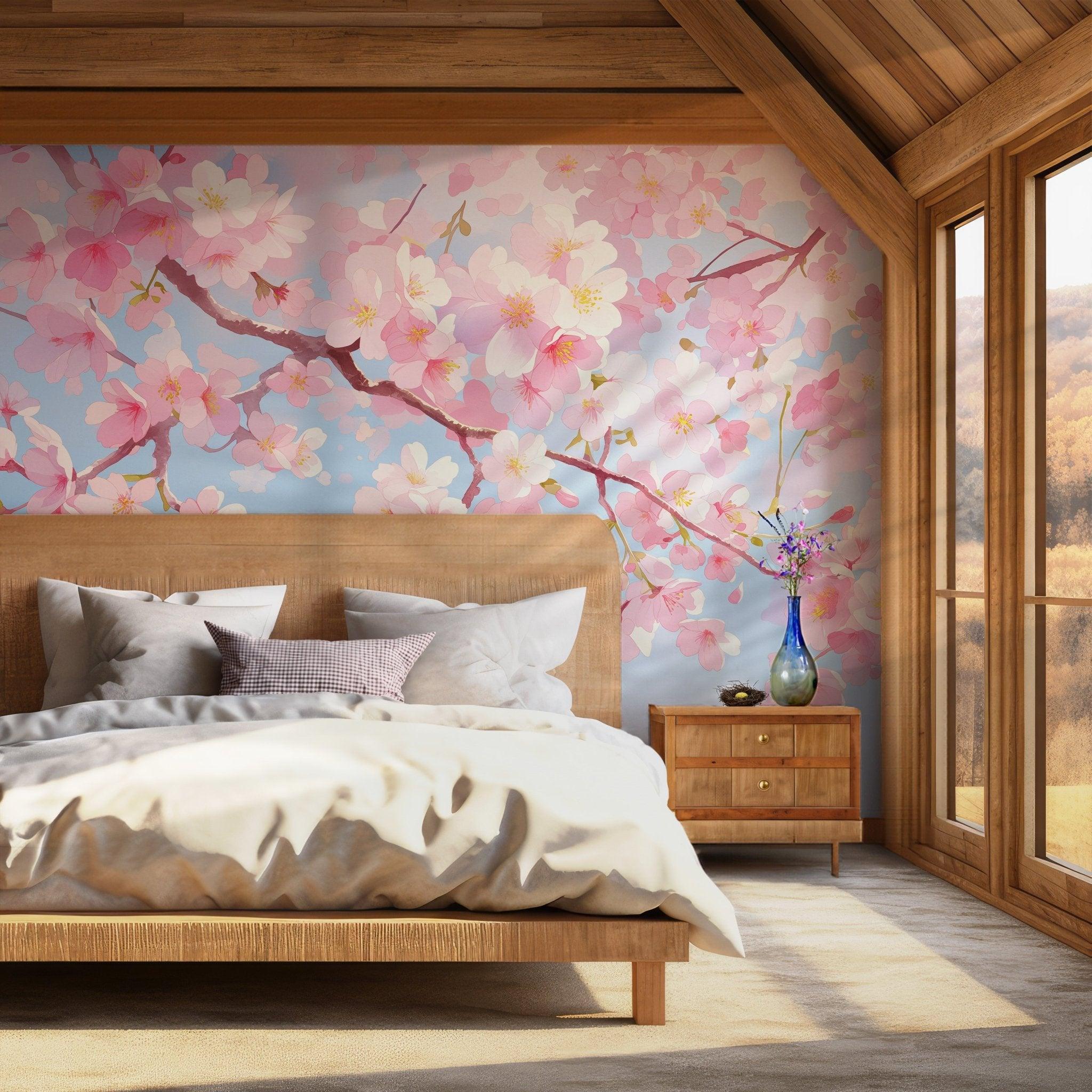 Sakura Blossom Watercolor Wall Mural - Pink White Botanical Cherry Buds Wallpaper BV124