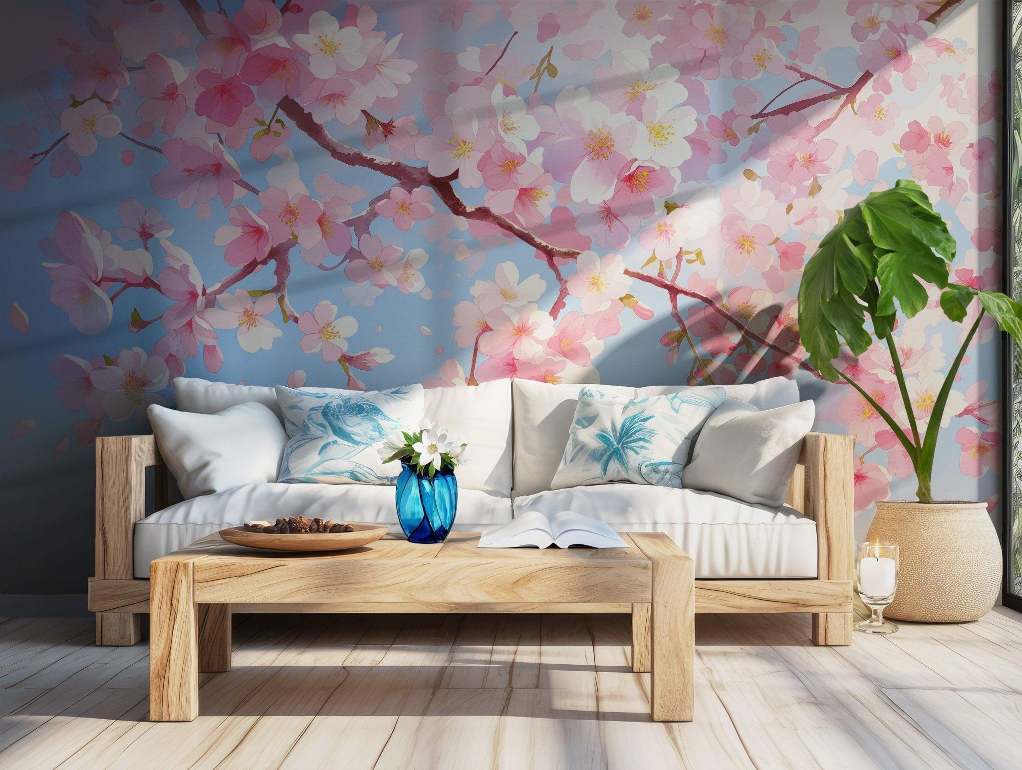 Sakura Blossom Watercolor Wall Mural - Pink White Botanical Cherry Buds Wallpaper BV124