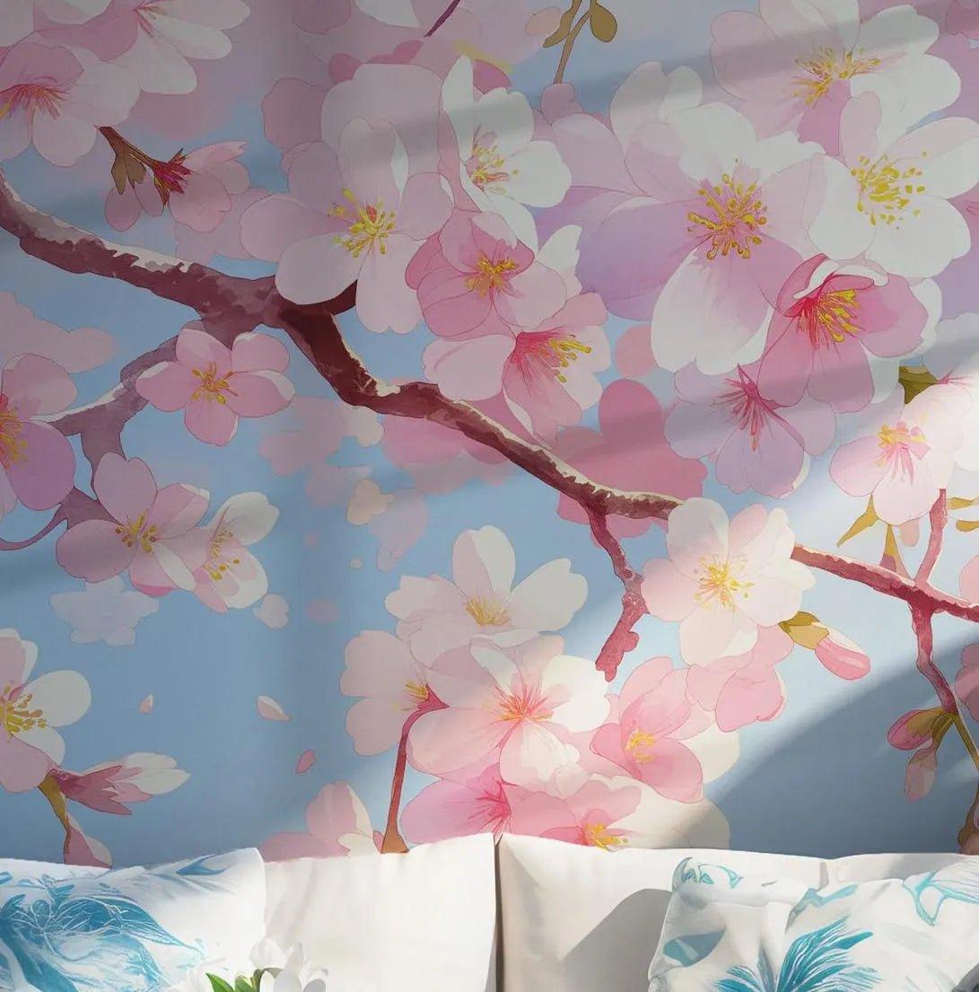 Sakura Blossom Watercolor Wall Mural - Pink White Botanical Cherry Buds Wallpaper BV124