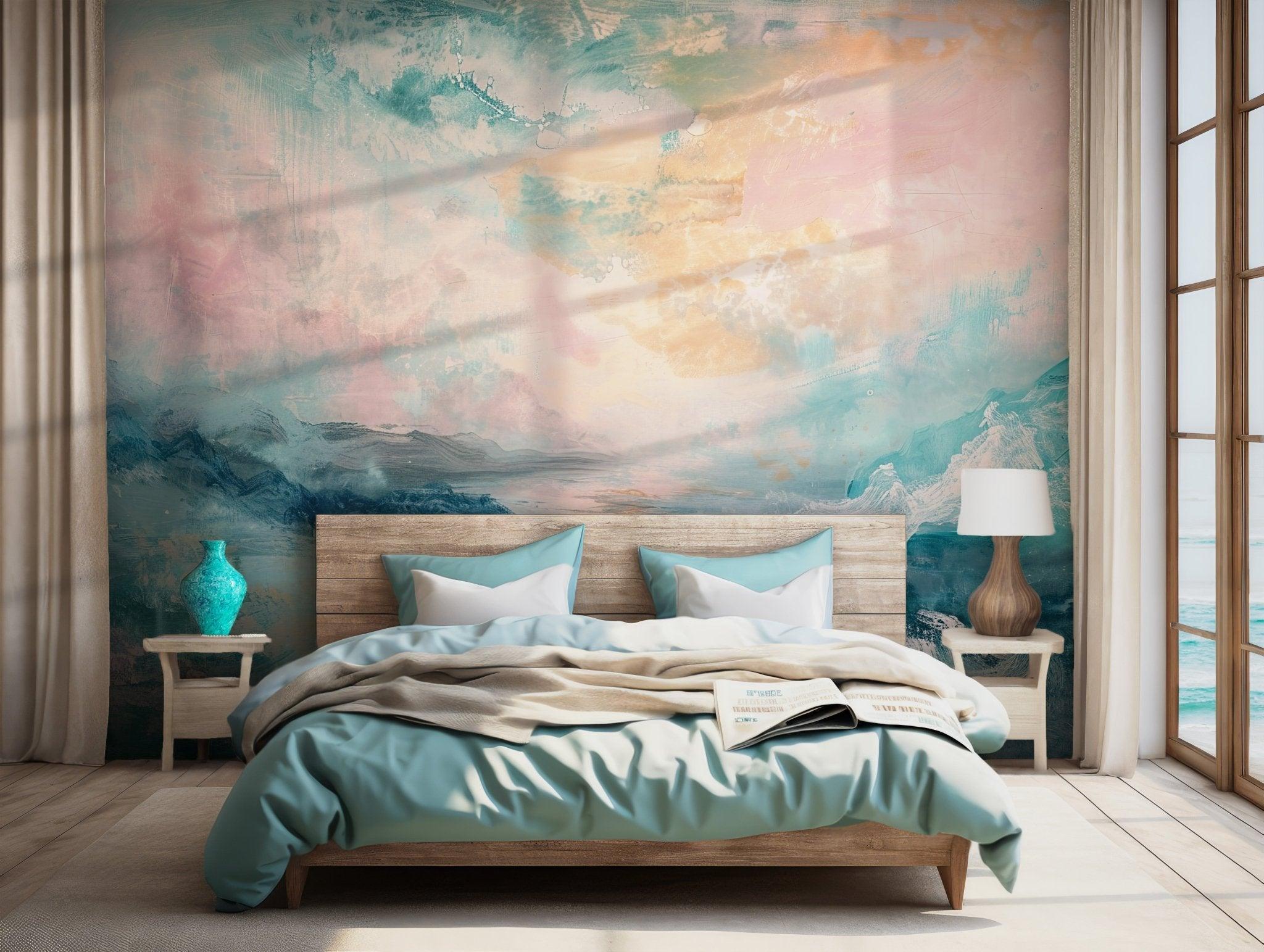 Seascape Art Peel and Stick Mural - Abstract Wallpaper Ocean Waves Rising Sun Decor BV212