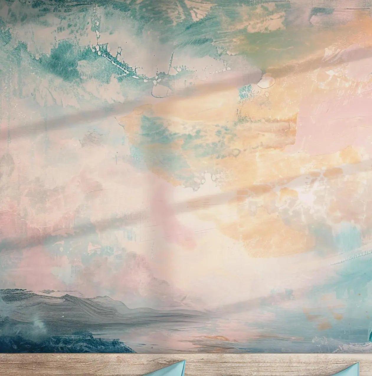 Seascape Art Peel and Stick Mural - Abstract Wallpaper Ocean Waves Rising Sun Decor BV212