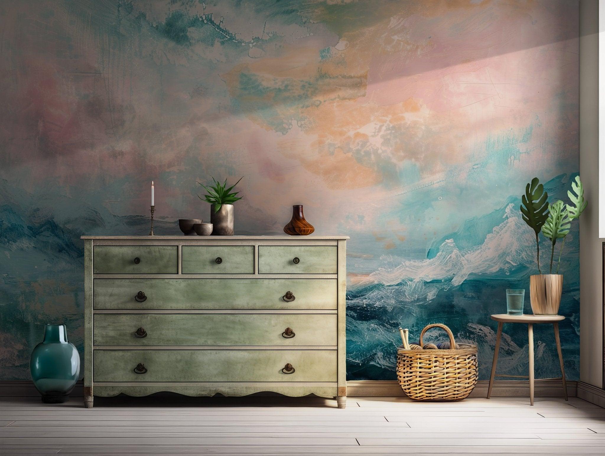 Seascape Art Peel and Stick Mural - Abstract Wallpaper Ocean Waves Rising Sun Decor BV212