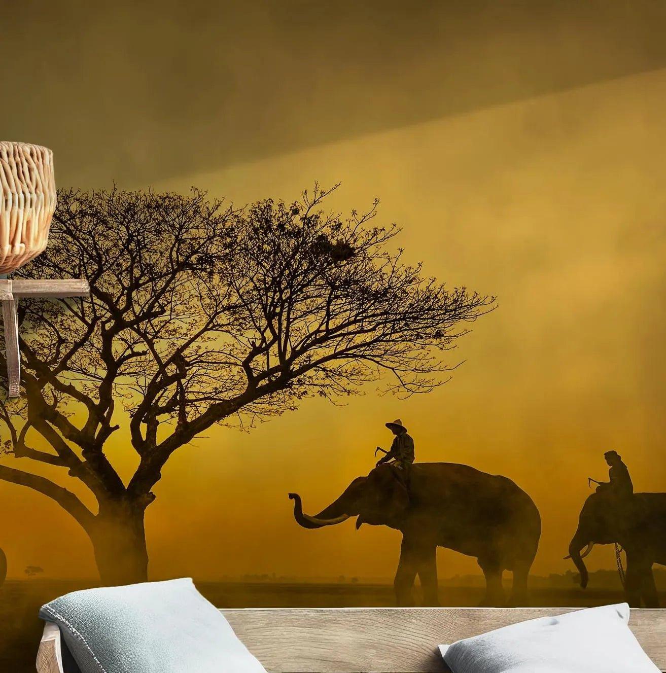 Self Adhesive Peel and Stick Wall Mural Golden Elephant Sunset Scene with Tree Silhouettes for Warm BV260