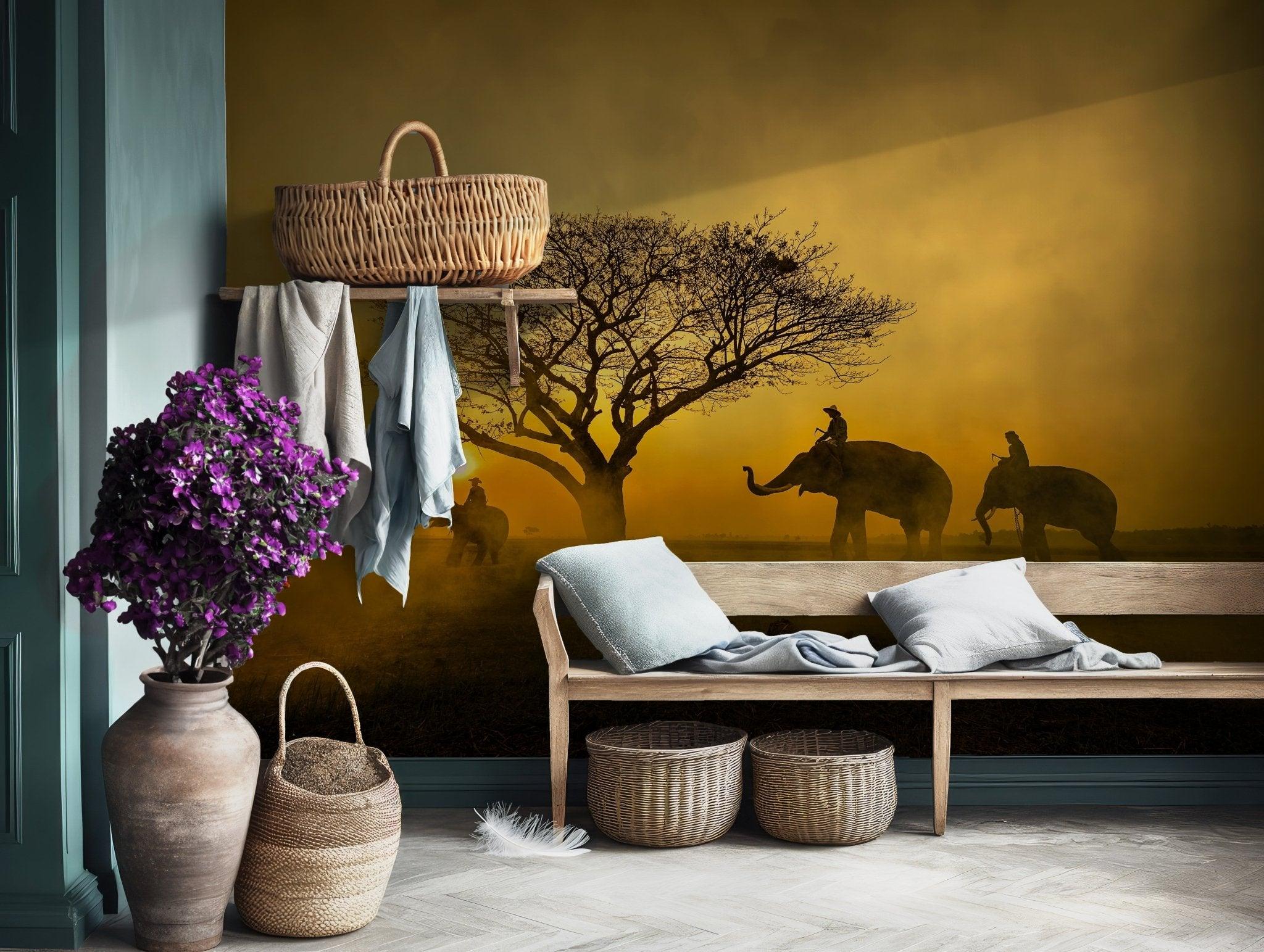 Self Adhesive Peel and Stick Wall Mural Golden Elephant Sunset Scene with Tree Silhouettes for Warm BV260
