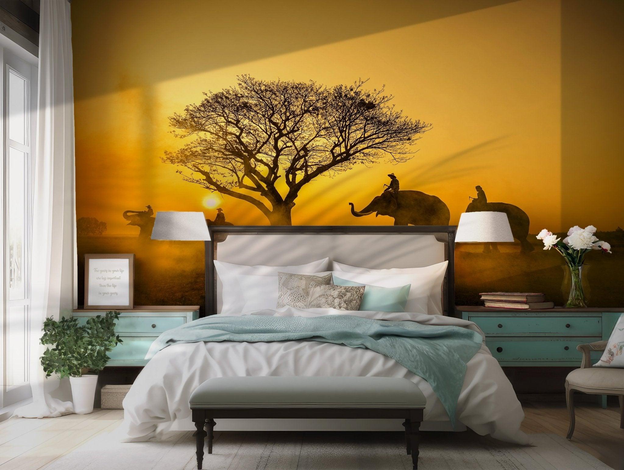 Self Adhesive Peel and Stick Wall Mural Golden Elephant Sunset Scene with Tree Silhouettes for Warm BV260
