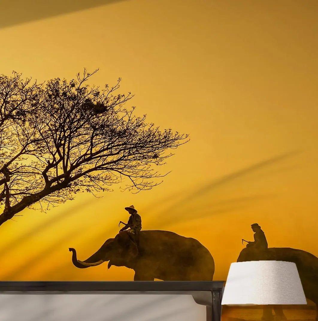 Self Adhesive Peel and Stick Wall Mural Golden Elephant Sunset Scene with Tree Silhouettes for Warm BV260