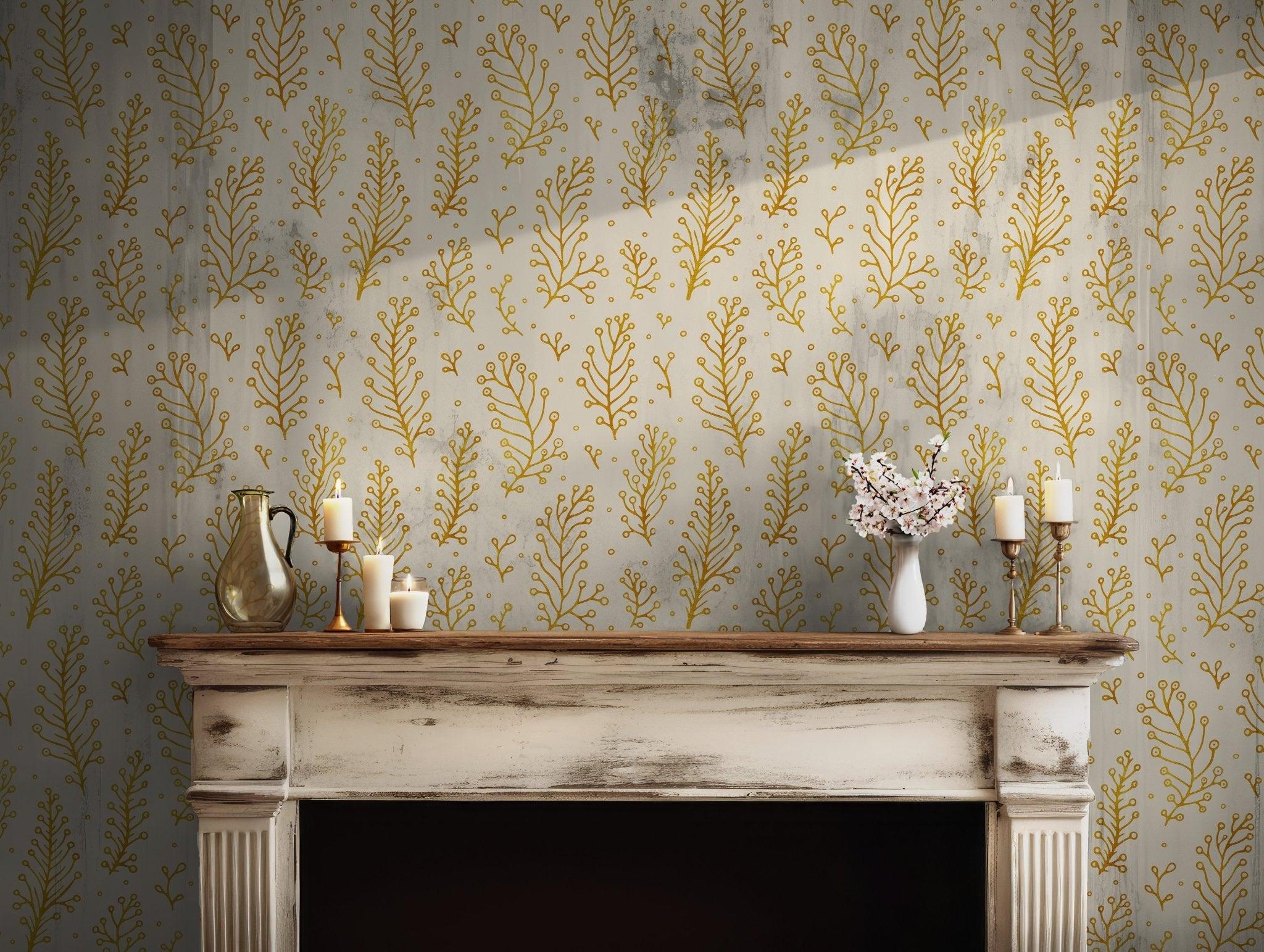 Boho Yellow Leaves Wallpaper - Self Adhesive Removable Peel and Stick - Art Deco Tree Branch BV158