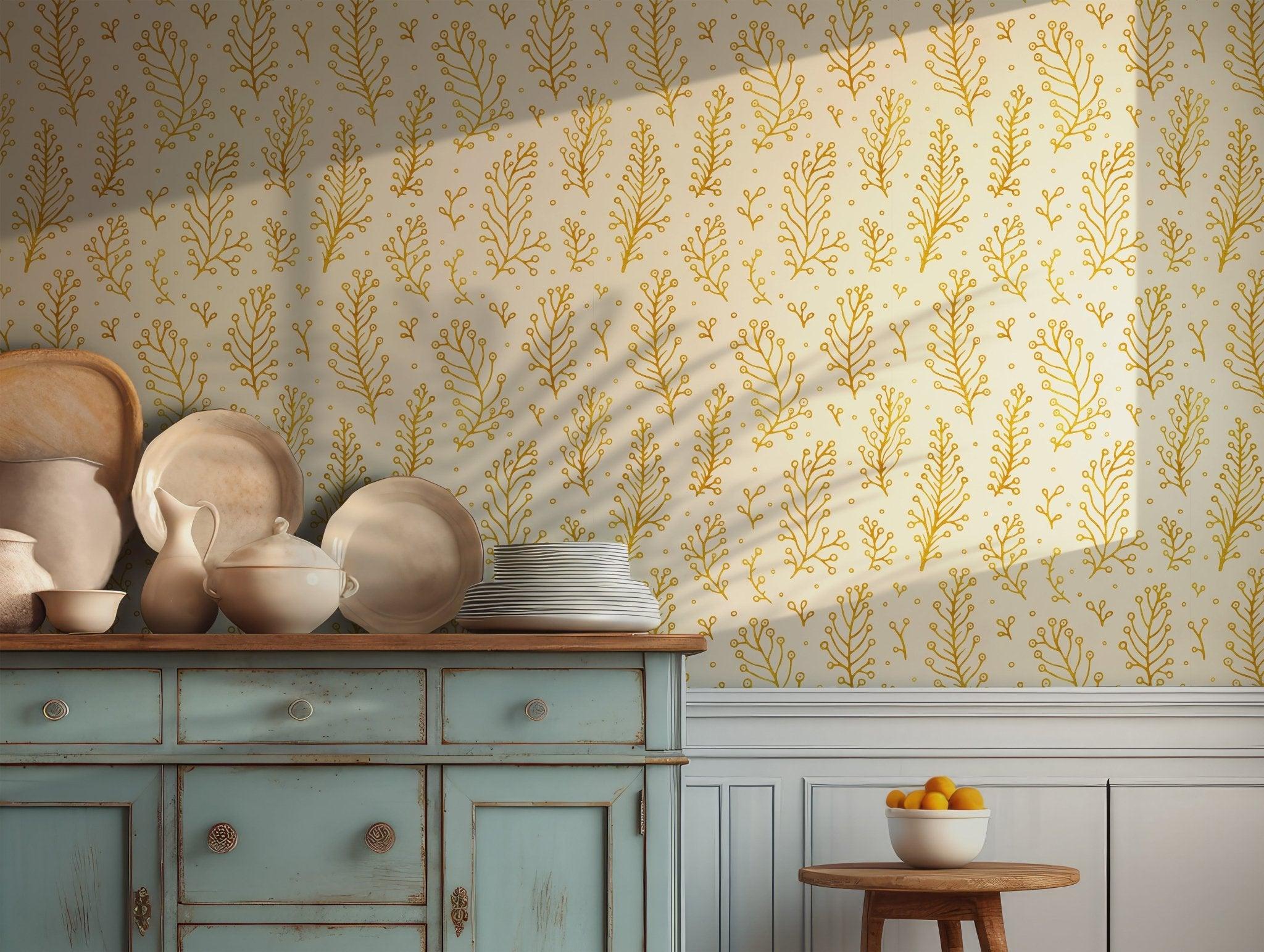 Boho Yellow Leaves Wallpaper - Self Adhesive Removable Peel and Stick - Art Deco Tree Branch BV158