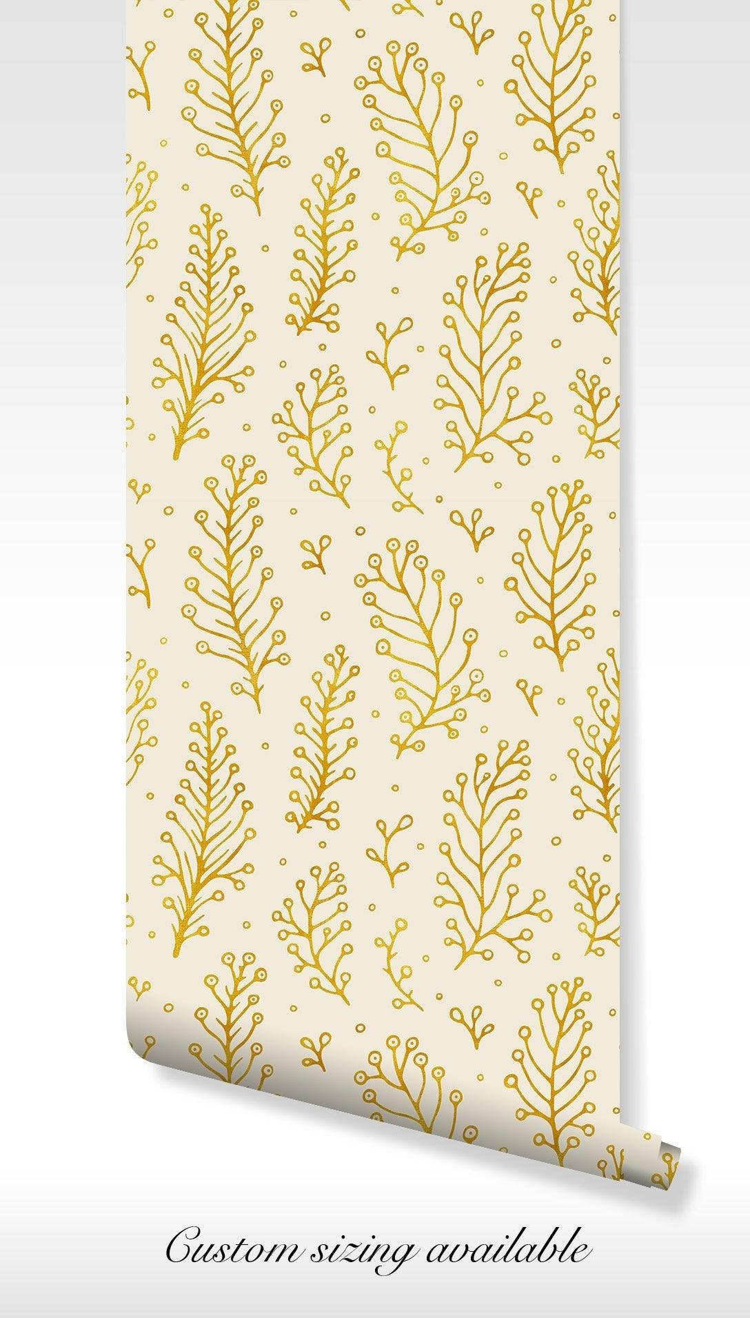 Boho Yellow Leaves Wallpaper - Self Adhesive Removable Peel and Stick - Art Deco Tree Branch BV158