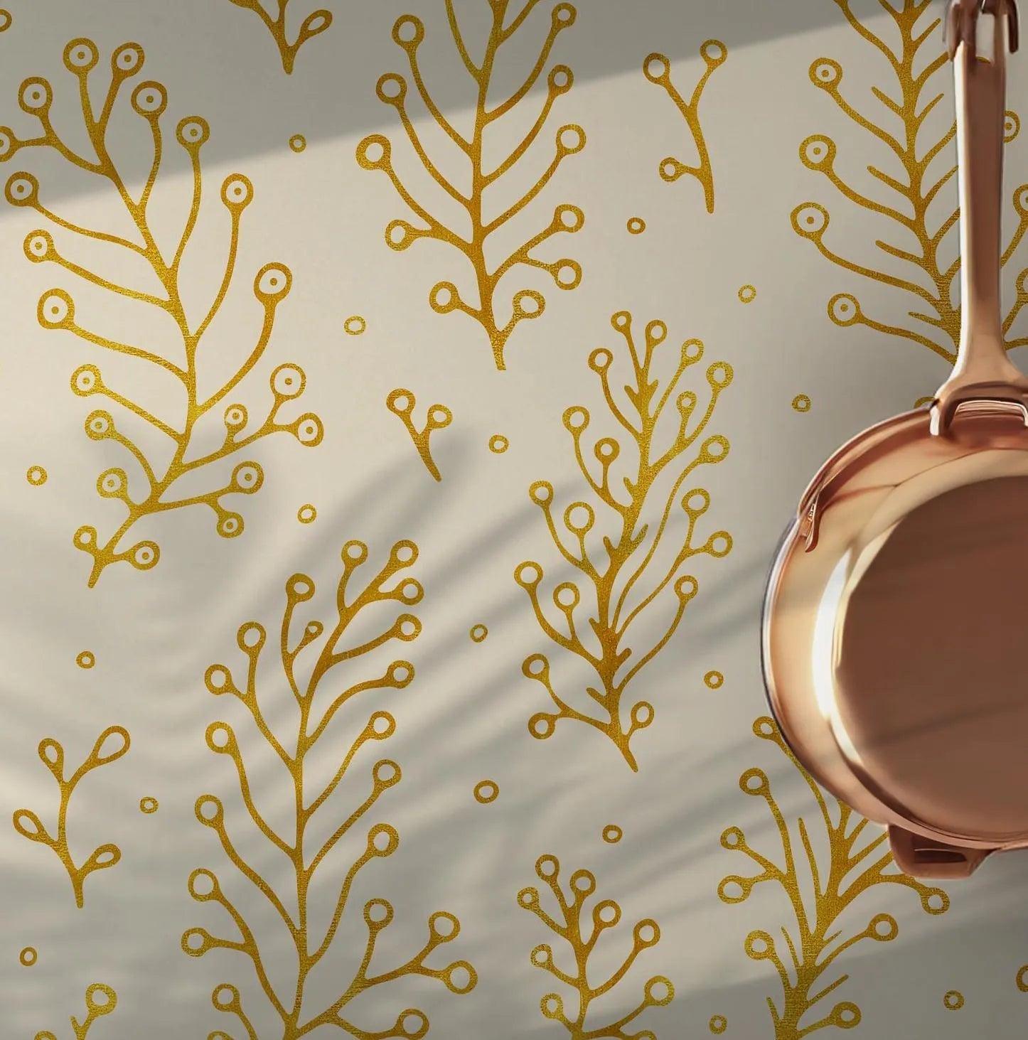 Boho Yellow Leaves Wallpaper - Self Adhesive Removable Peel and Stick - Art Deco Tree Branch BV158