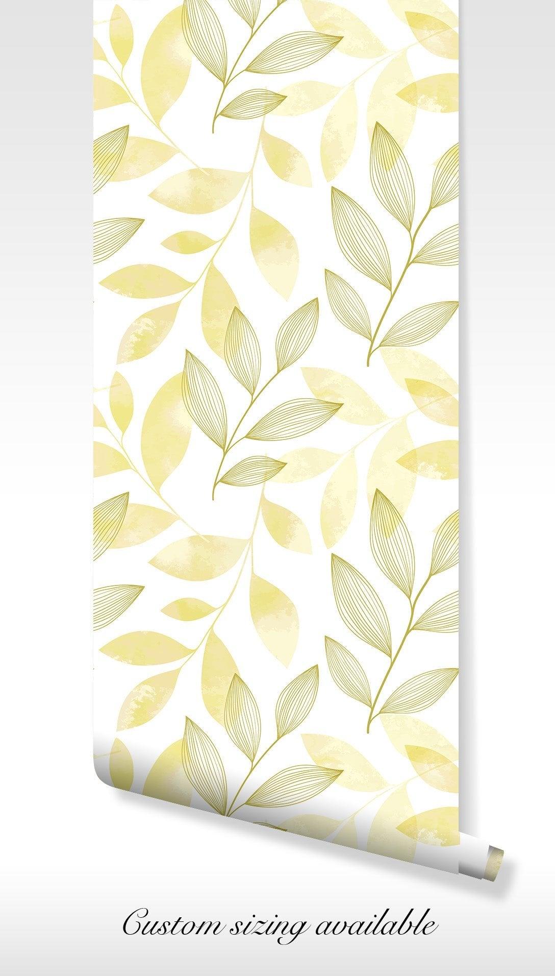 Art Deco Leaves Wallpaper - Peel and Stick Self Adhesive Mural - Yellow Tree Branch BV129