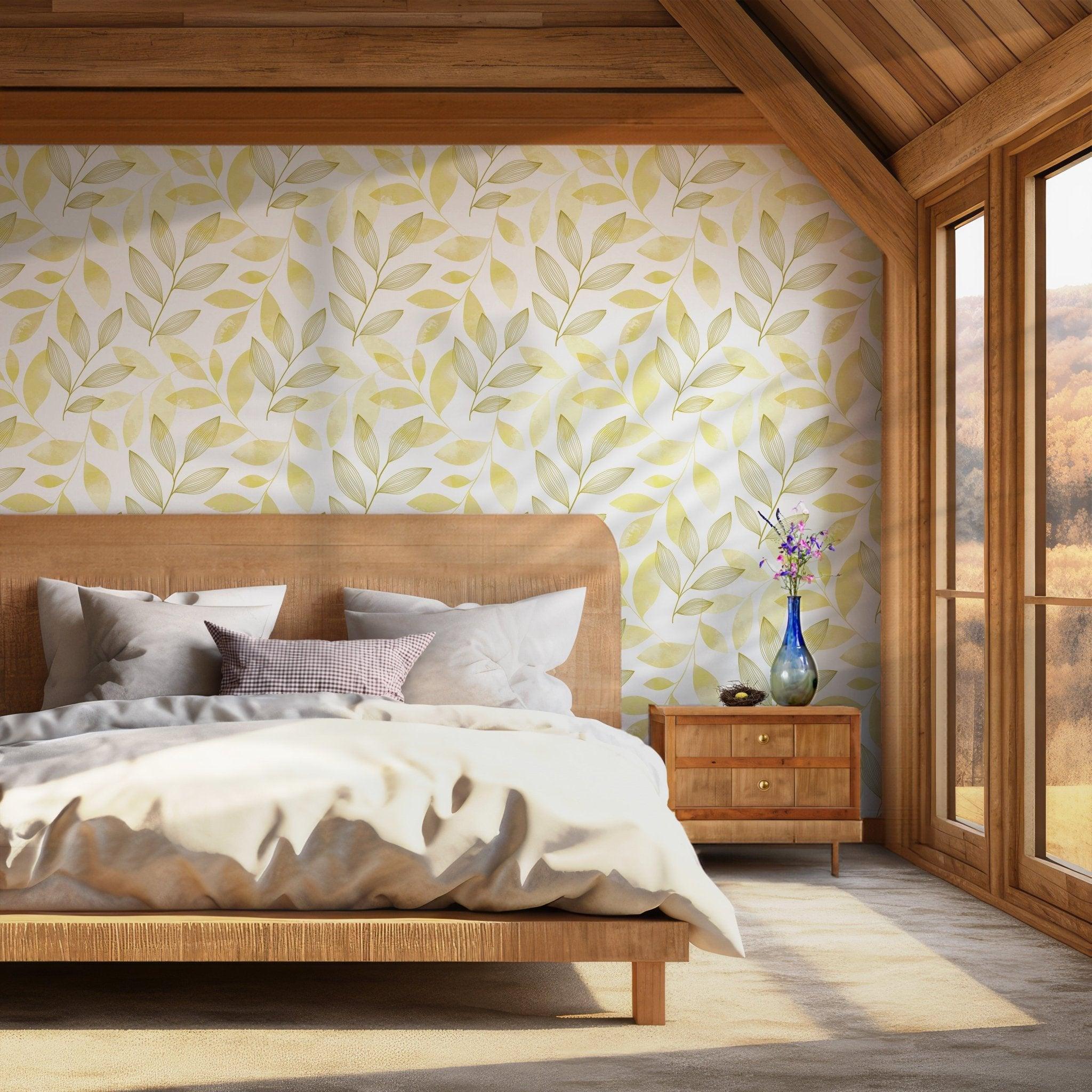 Art Deco Leaves Wallpaper - Peel and Stick Self Adhesive Mural - Yellow Tree Branch BV129