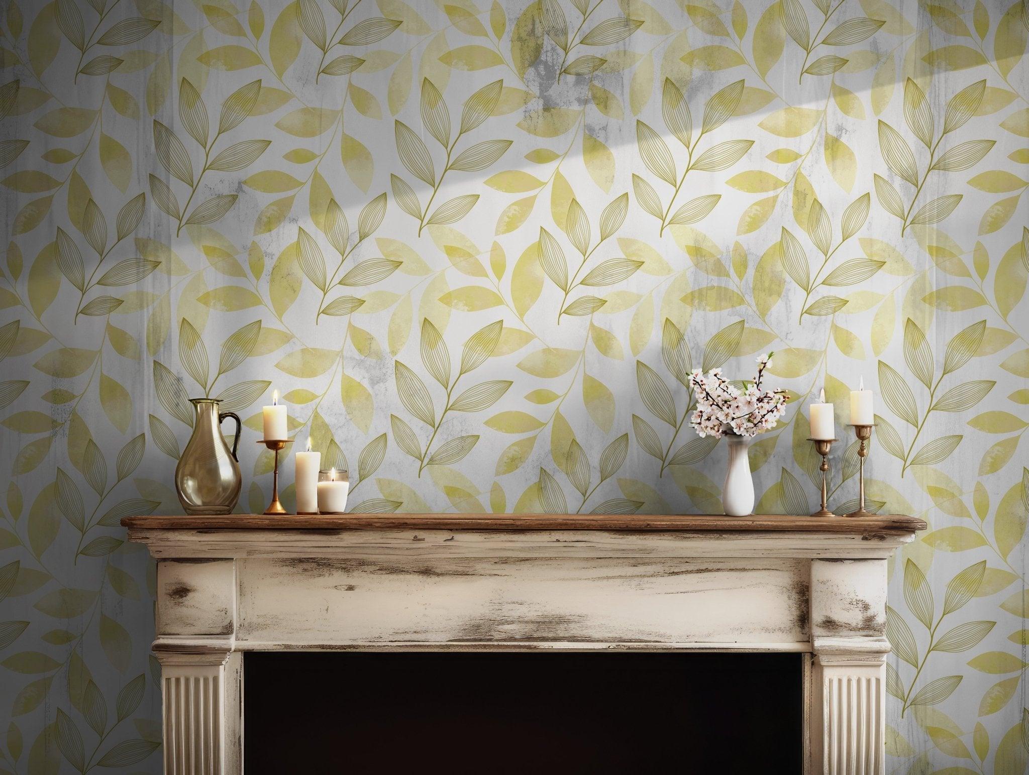 Art Deco Leaves Wallpaper - Peel and Stick Self Adhesive Mural - Yellow Tree Branch BV129
