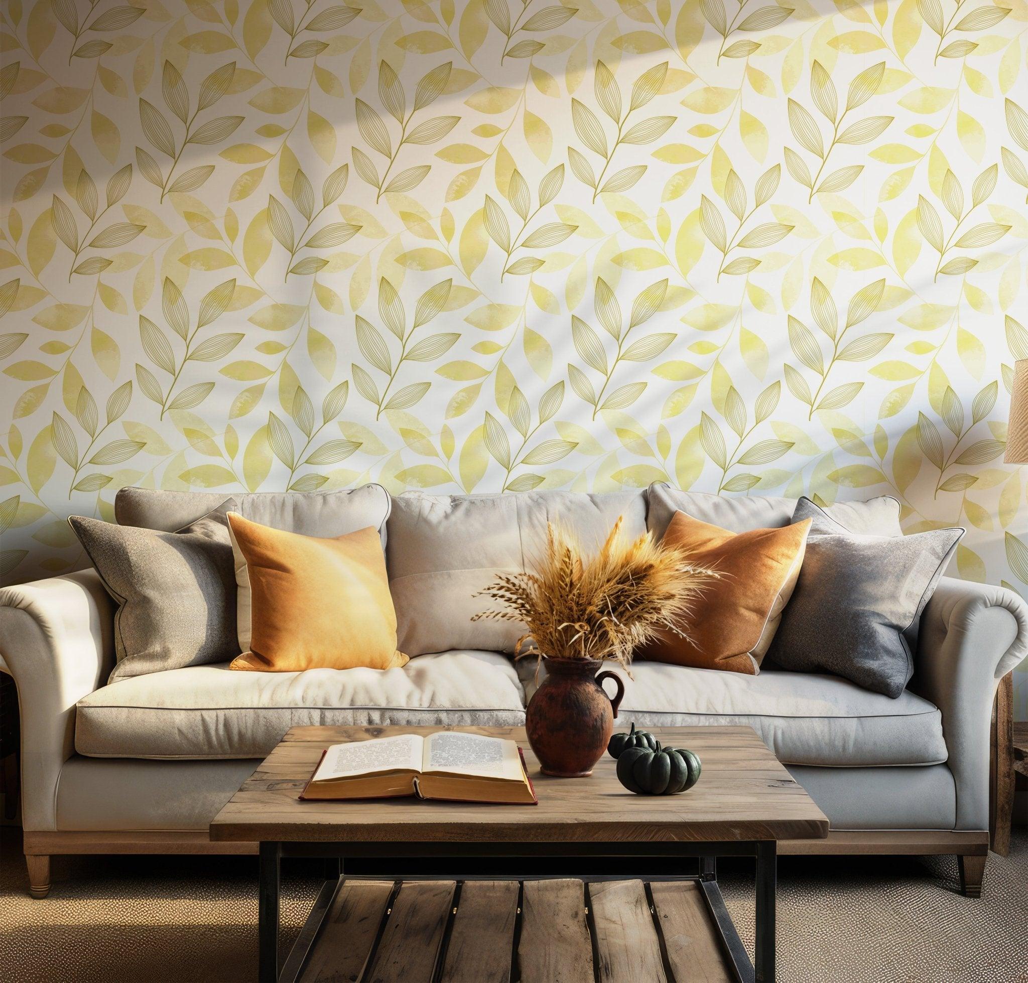 Art Deco Leaves Wallpaper - Peel and Stick Self Adhesive Mural - Yellow Tree Branch BV129