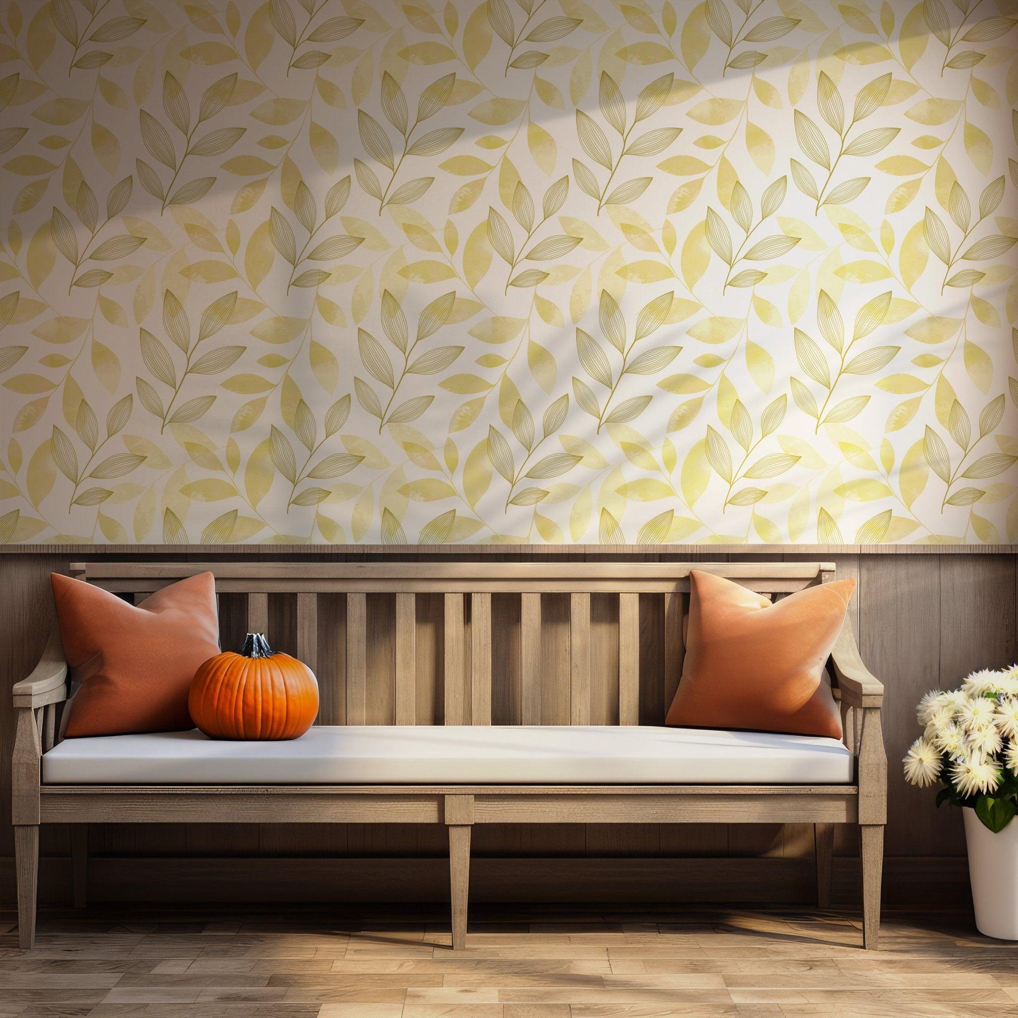 Art Deco Leaves Wallpaper - Peel and Stick Self Adhesive Mural - Yellow Tree Branch BV129