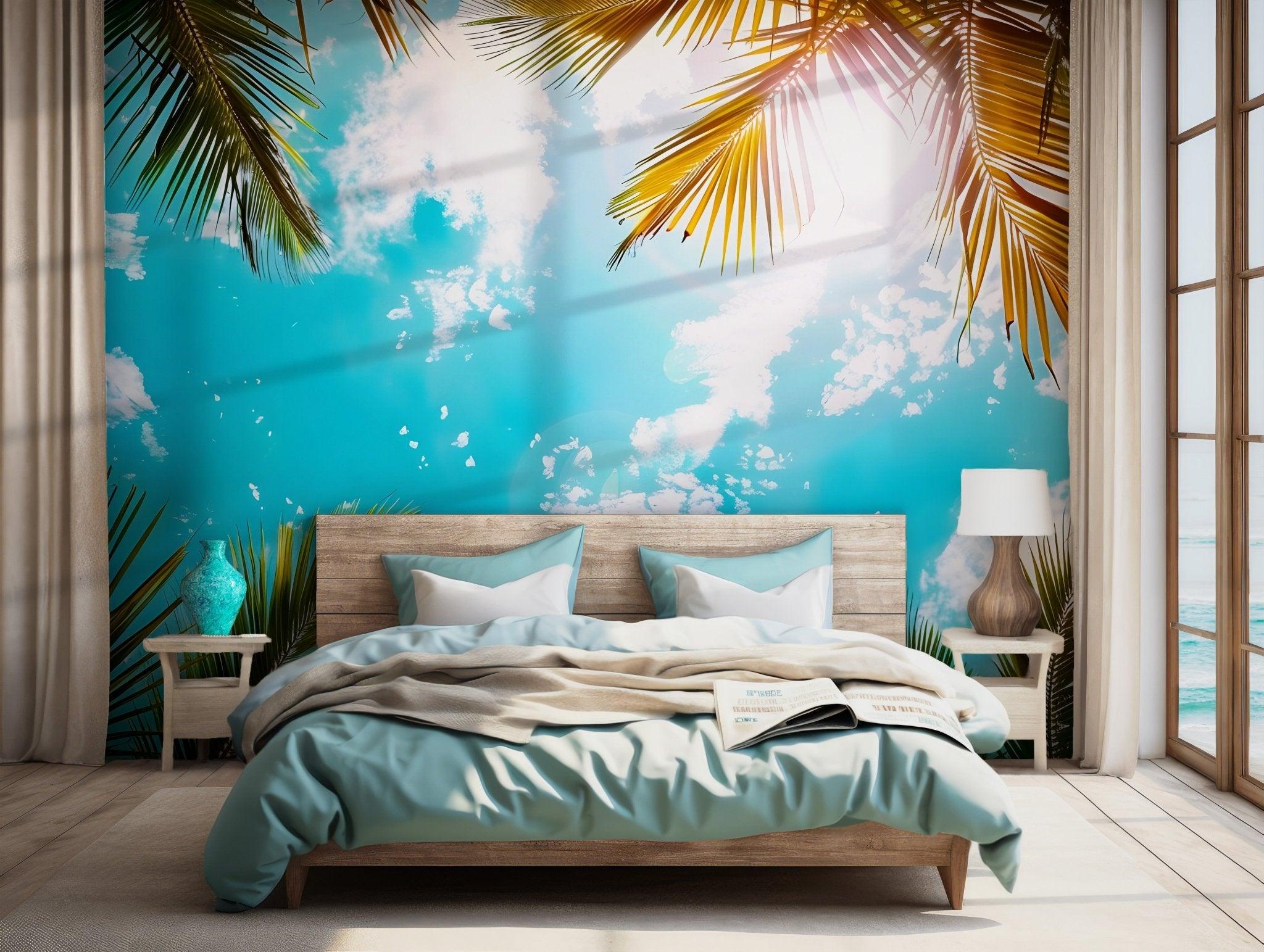 Sky Clouds Pastel Palm Tree Wallpaper - Self Adhesive Wall Mural - Miami Beach Skyline Heaven BV206