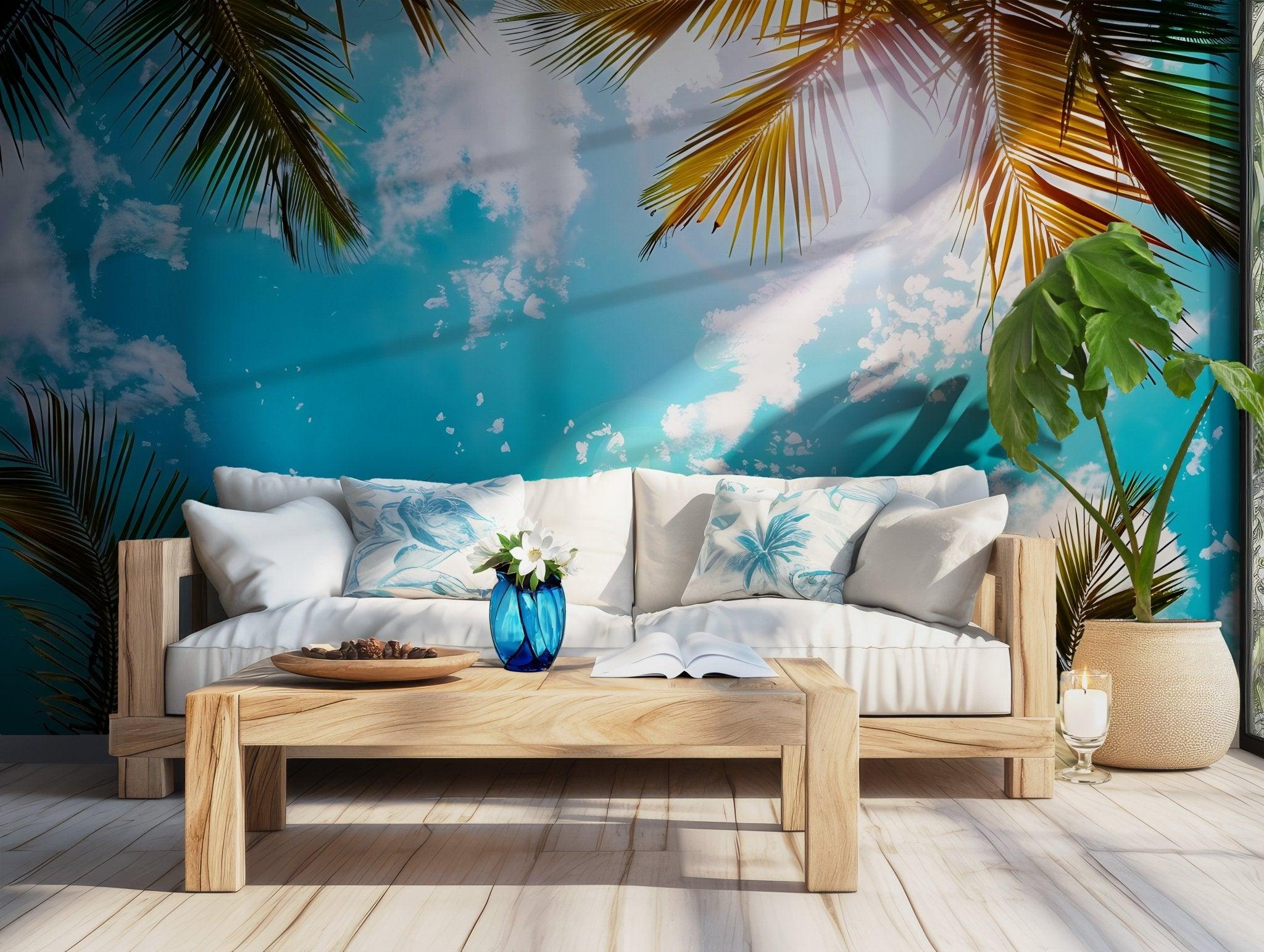 Sky Clouds Pastel Palm Tree Wallpaper - Self Adhesive Wall Mural - Miami Beach Skyline Heaven BV206