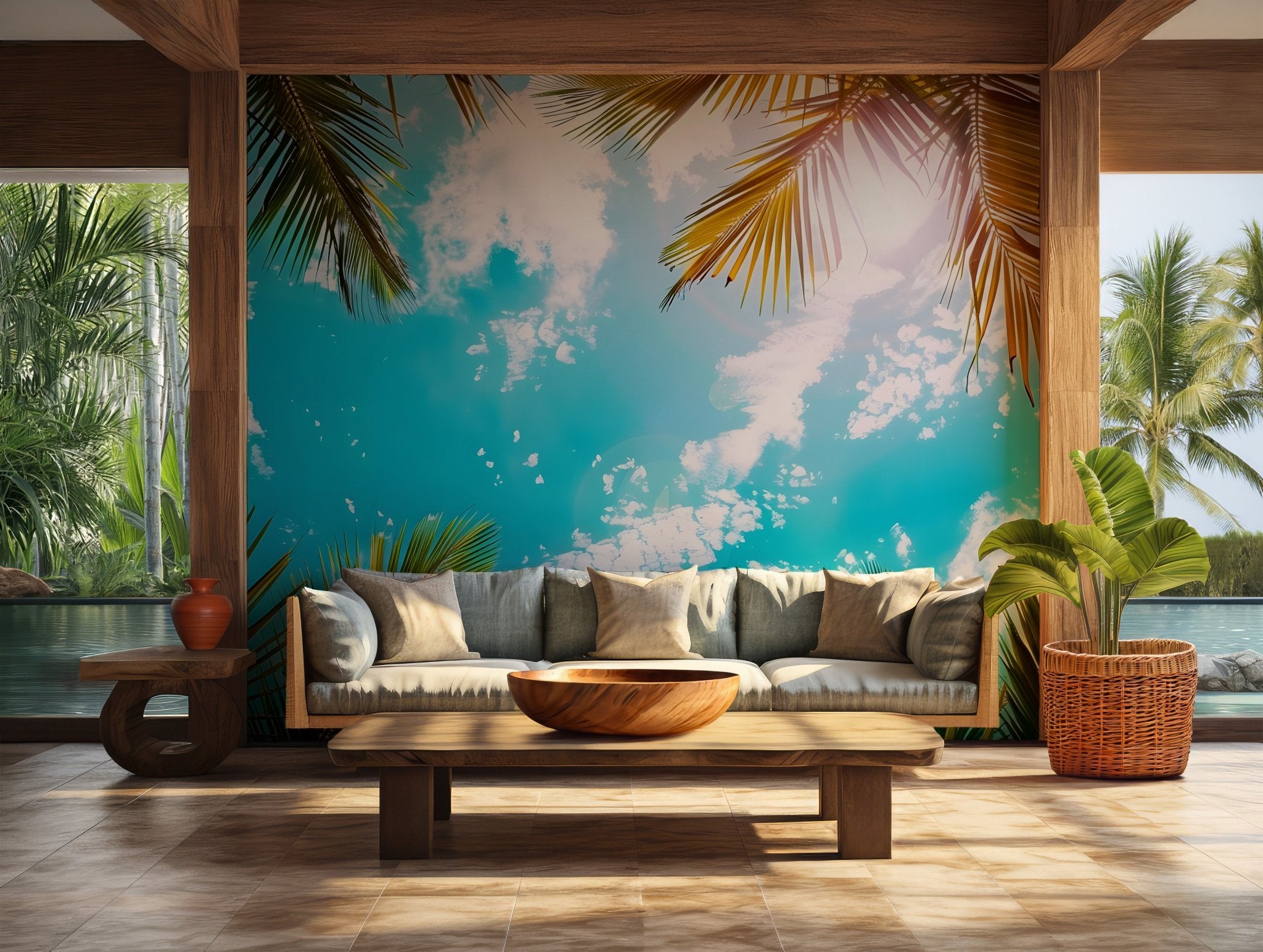 Sky Clouds Pastel Palm Tree Wallpaper - Self Adhesive Wall Mural - Miami Beach Skyline Heaven BV206
