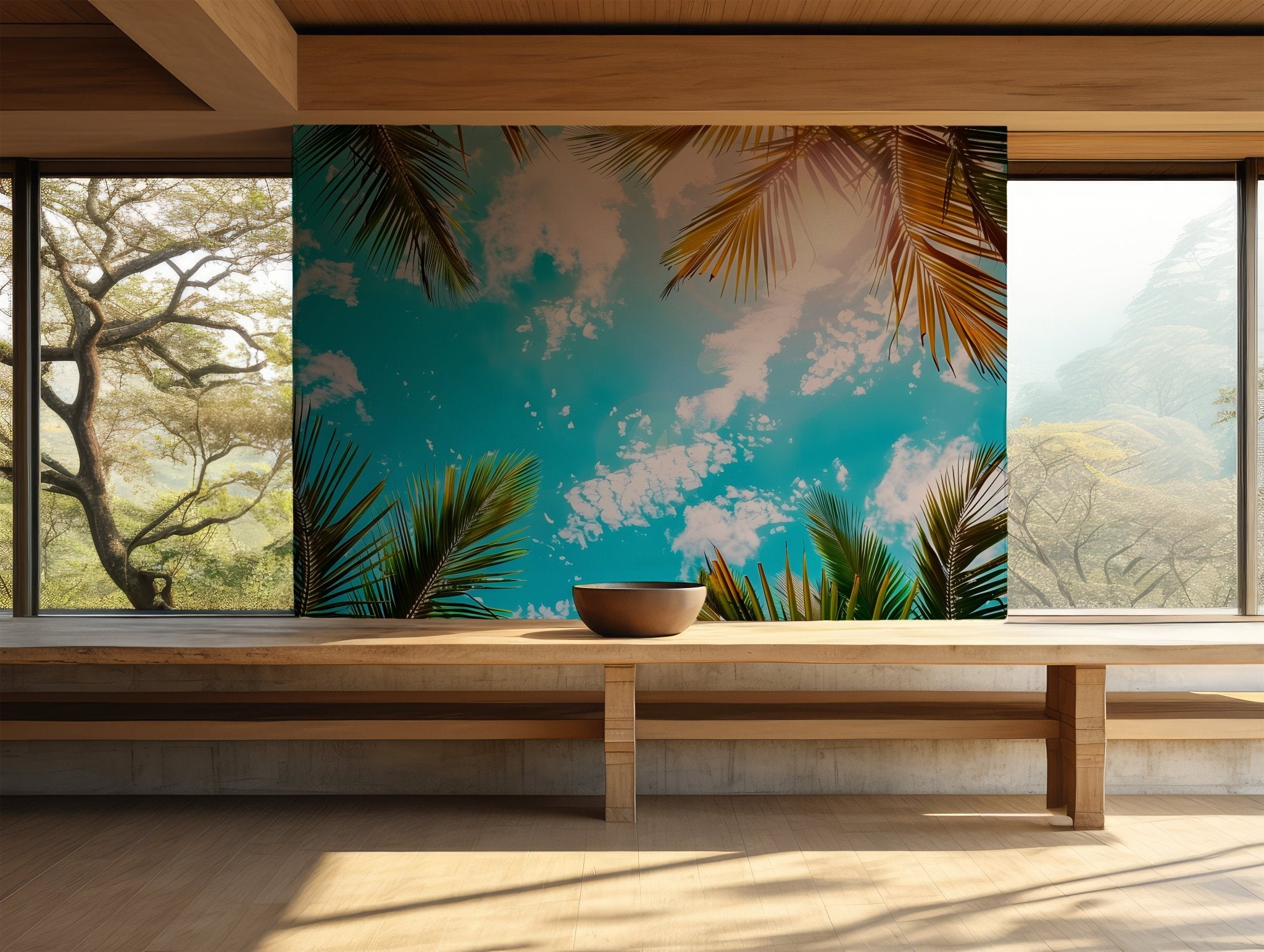 Sky Clouds Pastel Palm Tree Wallpaper - Self Adhesive Wall Mural - Miami Beach Skyline Heaven BV206