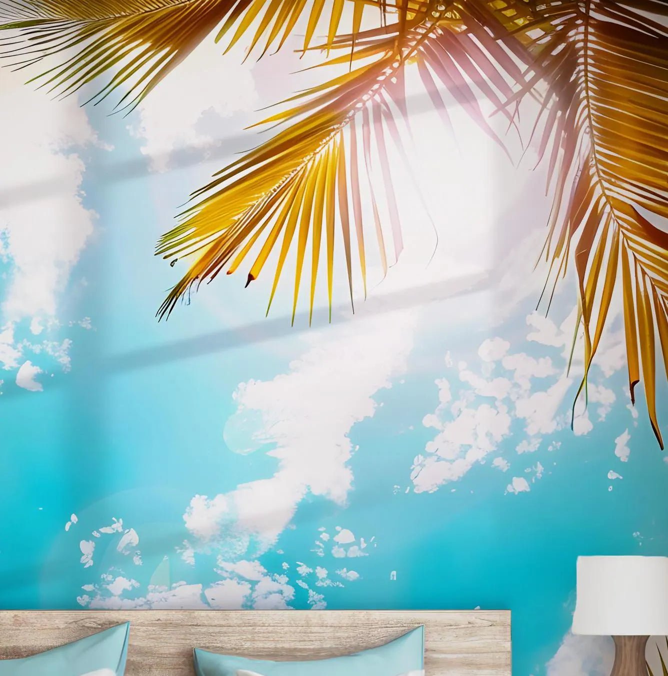 Sky Clouds Pastel Palm Tree Wallpaper - Self Adhesive Wall Mural - Miami Beach Skyline Heaven BV206