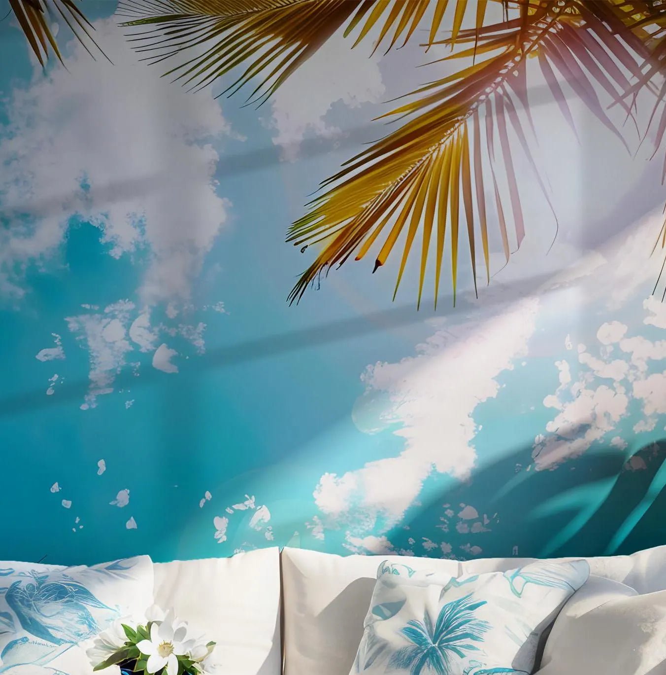 Sky Clouds Pastel Palm Tree Wallpaper - Self Adhesive Wall Mural - Miami Beach Skyline Heaven BV206